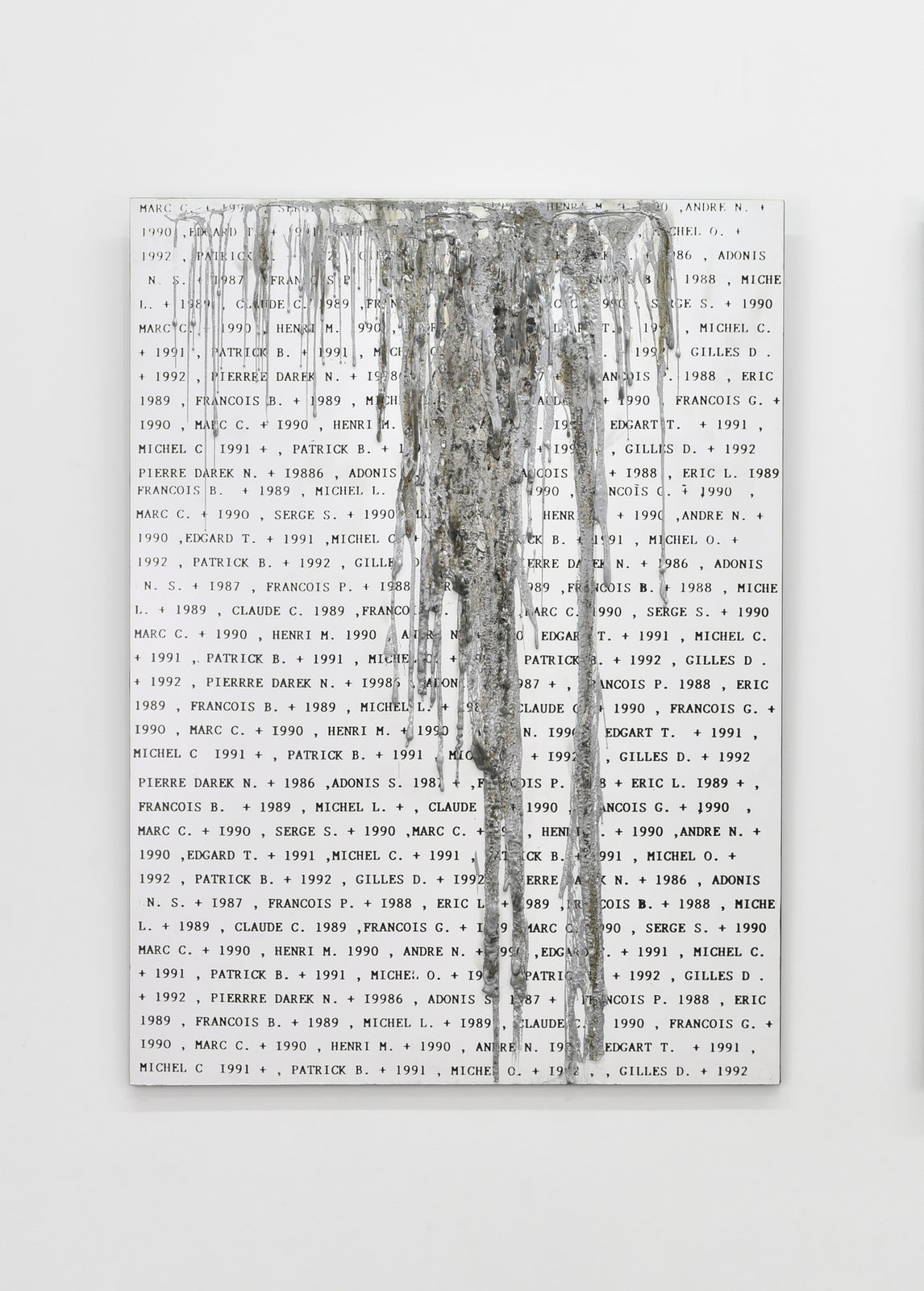 Michel Journiac Mur des amis morts - Variante, 1993 Photographie, poussière d'os, plomb, sang et cendres humaines sur panneau de formica © ADAGP Michel Journiac Courtoisie de l’artiste et de la Galerie Christophe Gaillard.