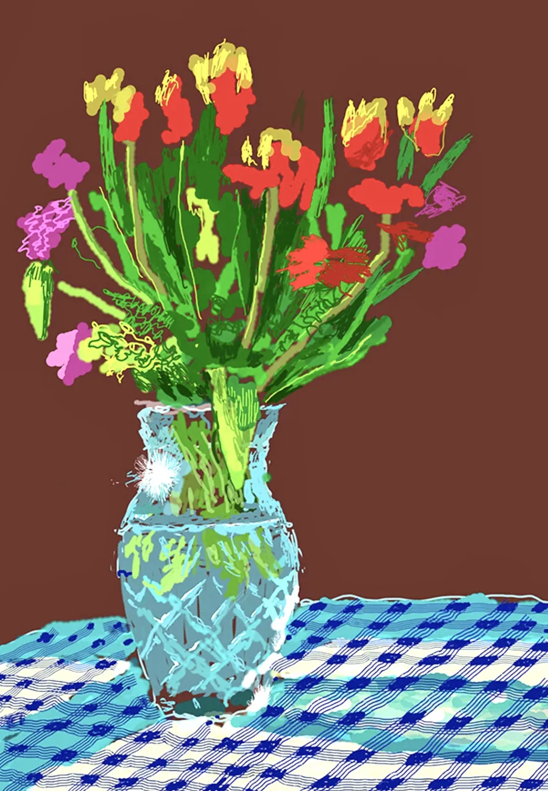 David Hockney, 24 February 2021 Red, Yellow and Purple Flowers on a Blue Tablecloth, 2021
