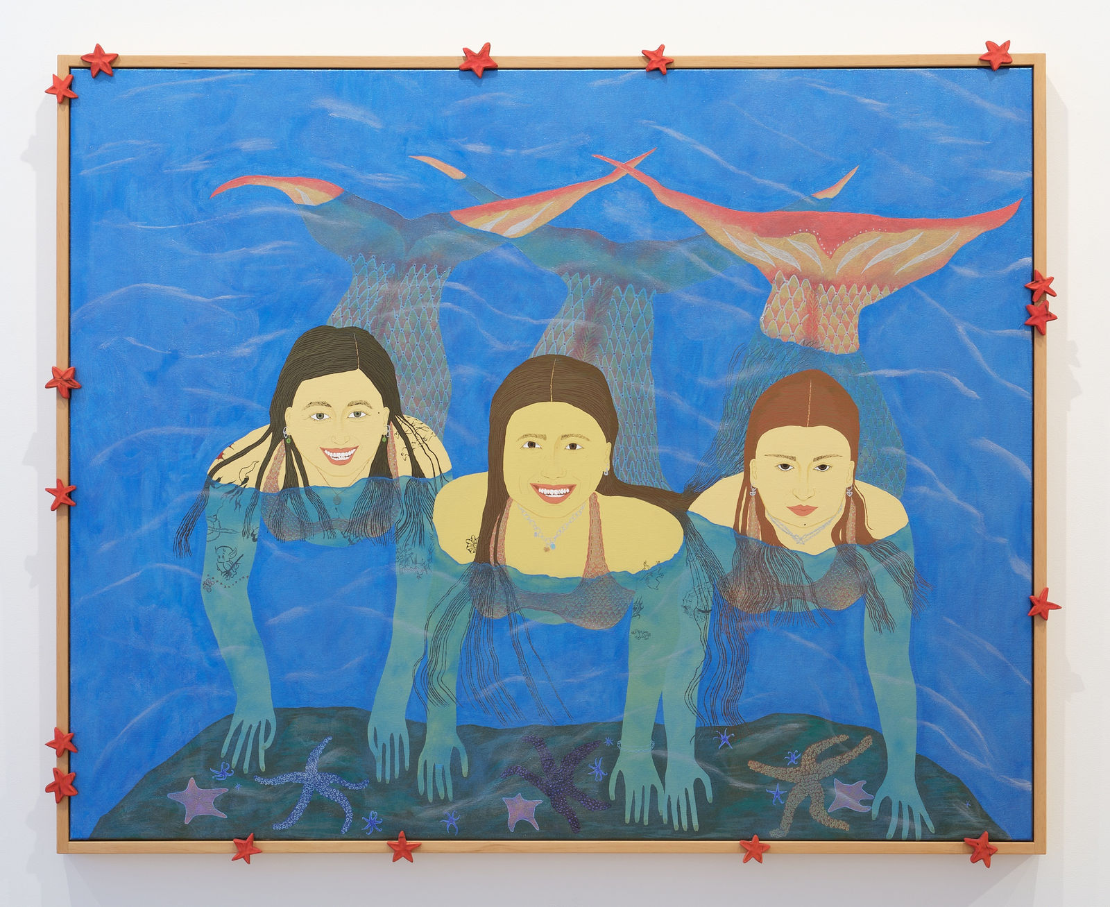 Claudia Kogachi Aquamarine, 2025 signed and dated verso acrylic on canvas, Oregon frame with hand carved starfish in dyed cherry wood by Josephine Jelicich 1200 x 1500mm 1300 x 1600 x 70mm framed