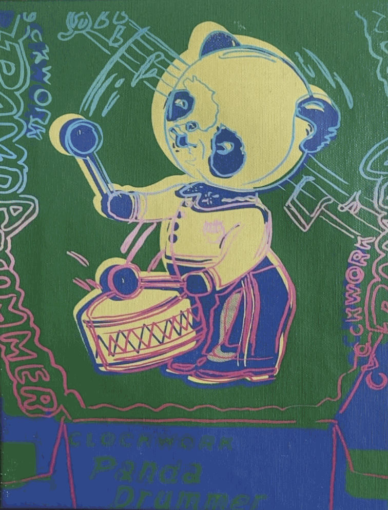 Clockwork Panda Drummer , from Toy Paintings, 1983 Acrylic and silkscreen Ink on Canvas 14 1/8 x 9 in 36 x 23 cm Series: Toy Paintings