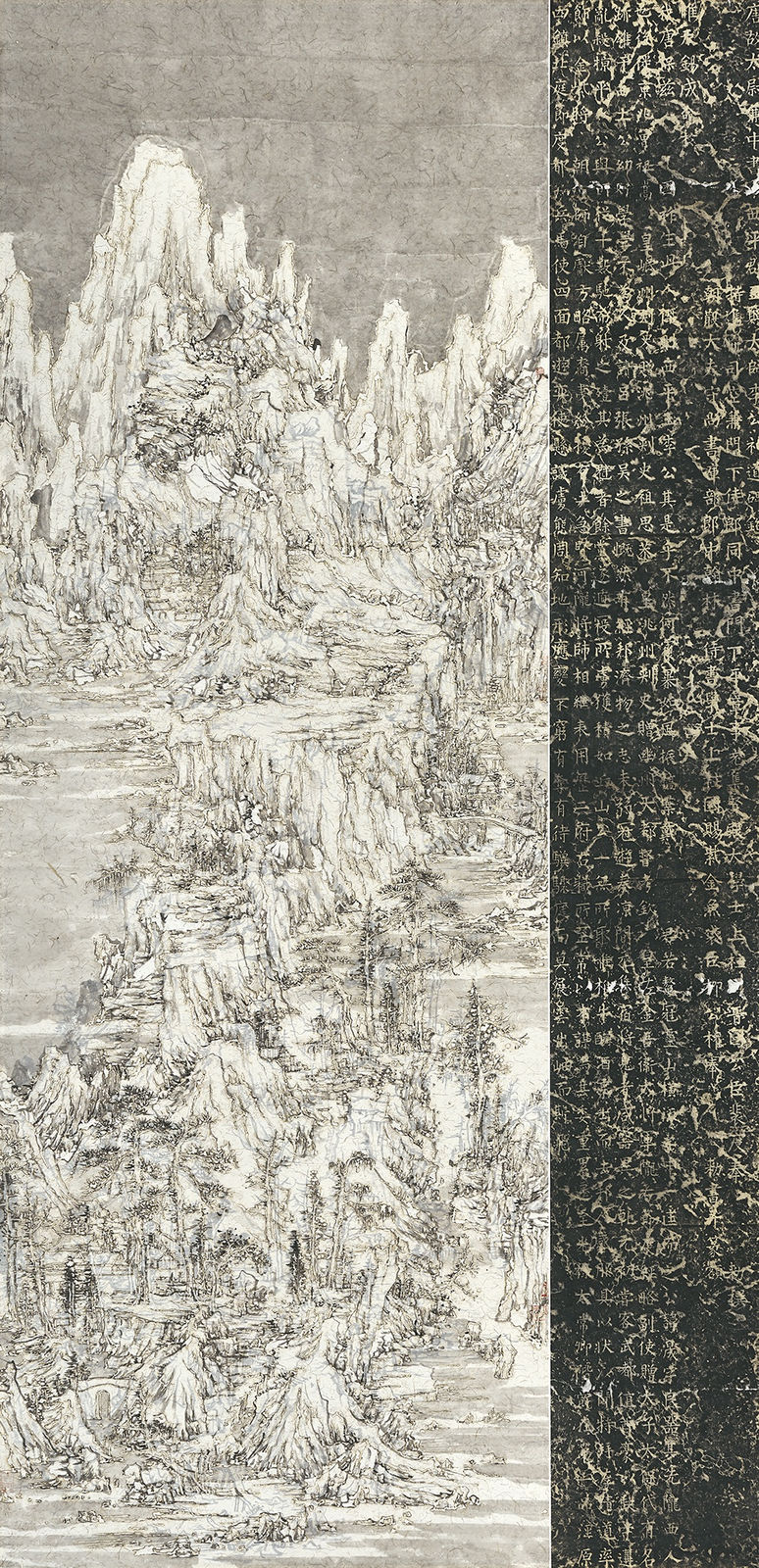 Wang Tiande 王天德 Fine Snow Entering the Woods 细雪入林图, 2019 Ink, rubbing and burn marks on xuan paper 宣纸、墨、火焰、拓片 283 × 137.5 cm