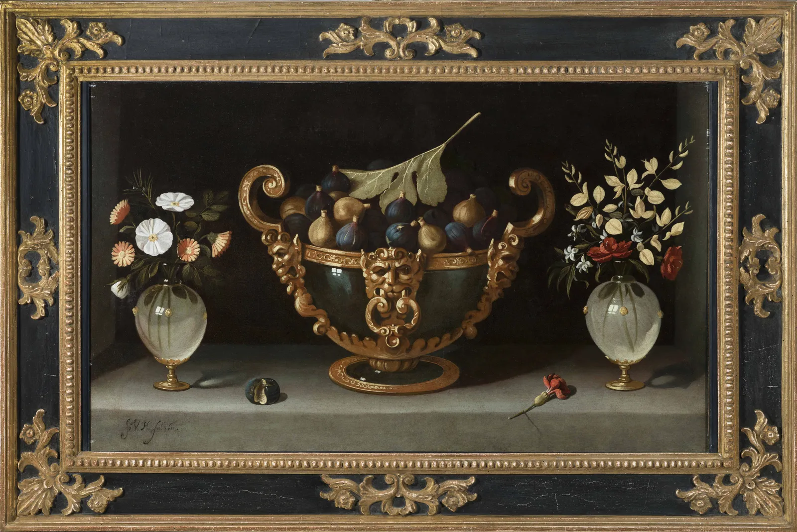 Juan van der Hamen y León (Madrid, 1596 – 1631), Large Fruit Stand with Figs and Flower Vases, 1623