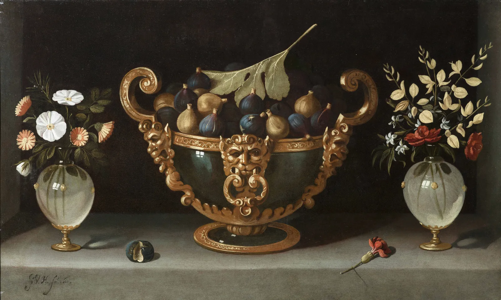 Juan van der Hamen y León (Madrid, 1596 – 1631), Large Fruit Stand with Figs and Flower Vases, 1623