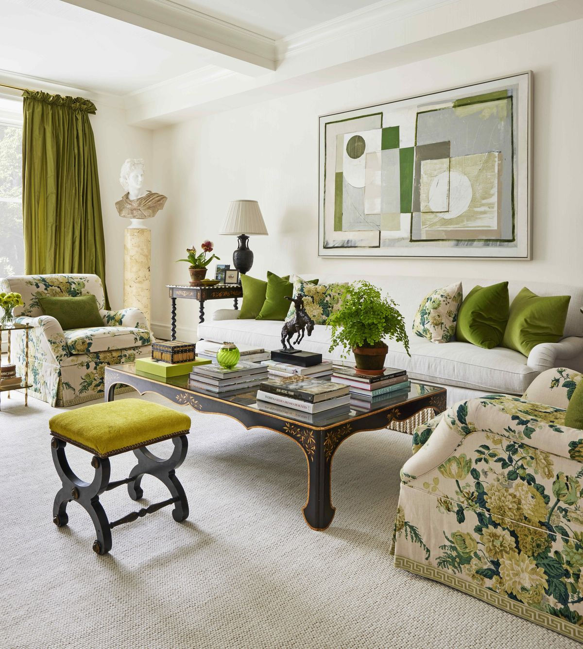 Bright green accented interior designed by CeCe Barfield Thompson with Contemporary artwork by Daisy Cook