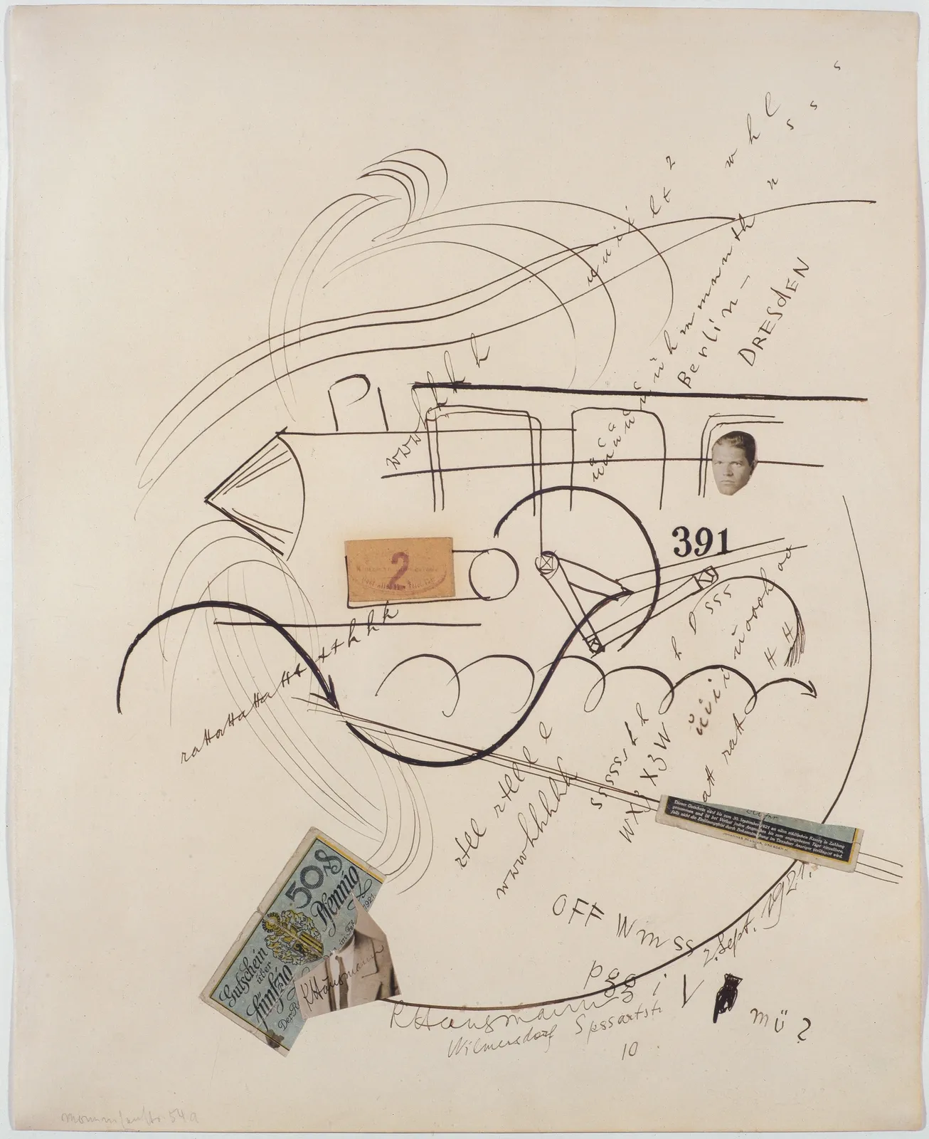 raoul hausman, 391 berlin -dresden, 1921, collage et dessin à l'encre de chine sur papier, 43 x 35 cm
