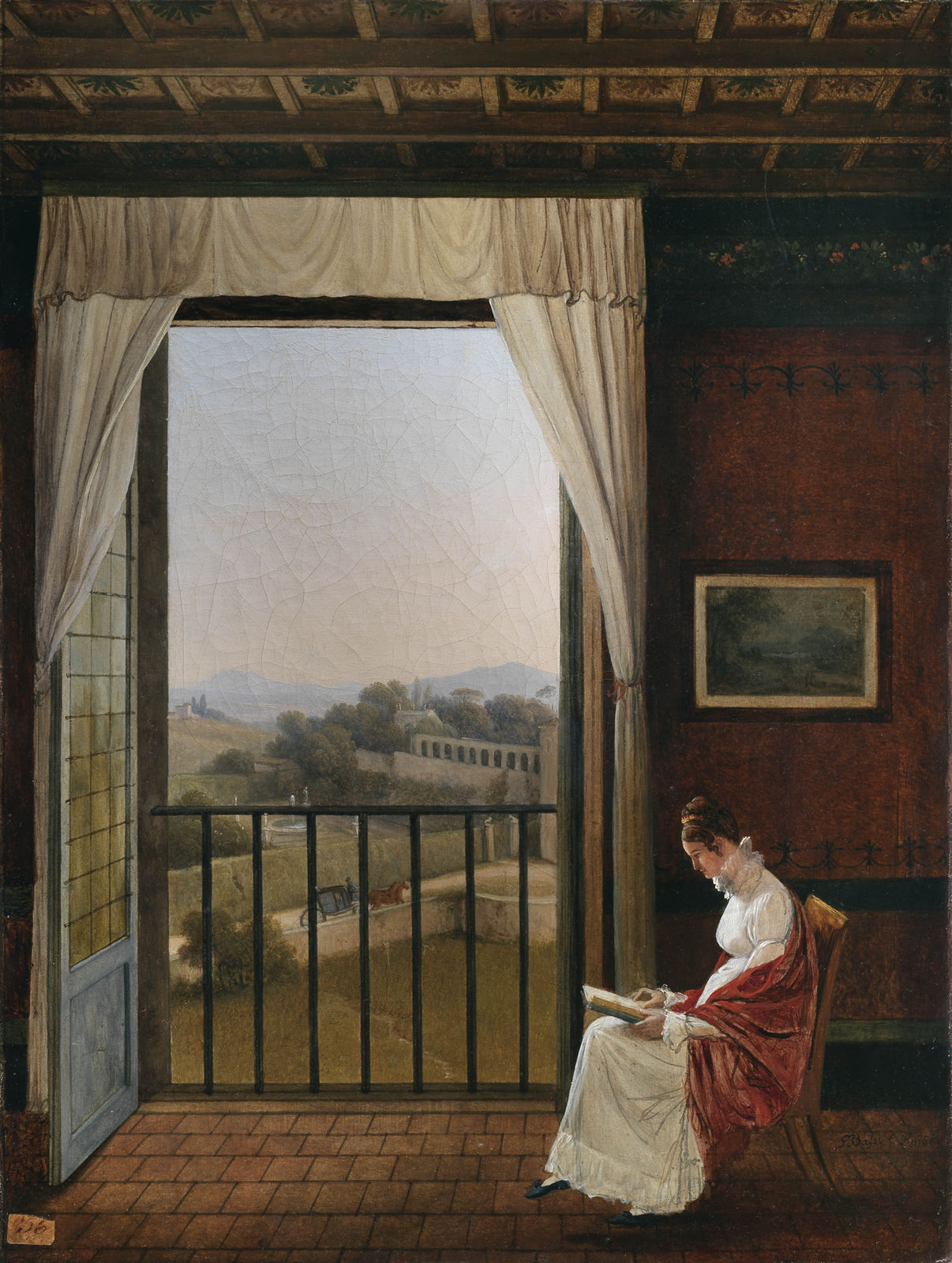 Giambattista BASSI, Portrait of a noblewoman reading in a room of a Villa with Villa Borghese on the background, 1816