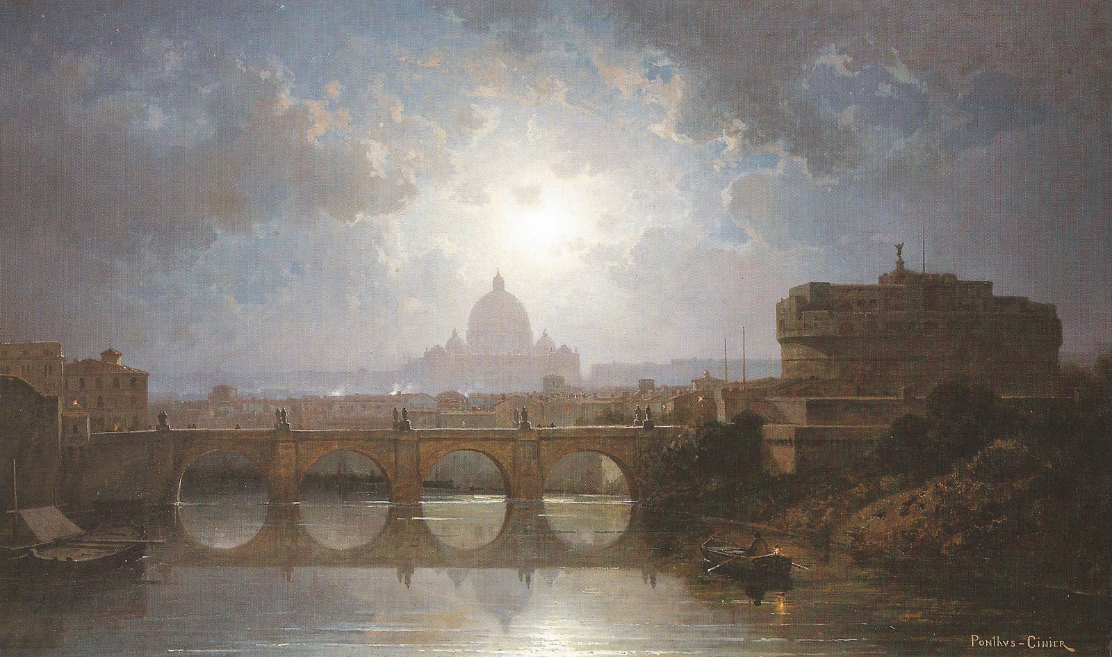 Antoine-Claude PONTHUS-CINIER, Moonlight on the Tiber with Castel Sant'Angelo and San Pietro