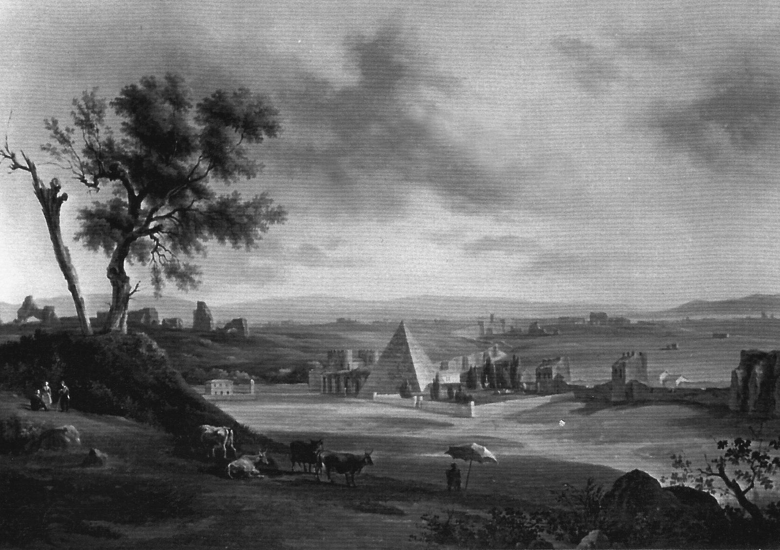 Lorenzo SCARABELLOTTO, View of the Roman countryside with the pyramid of Caius Cestius, 1848