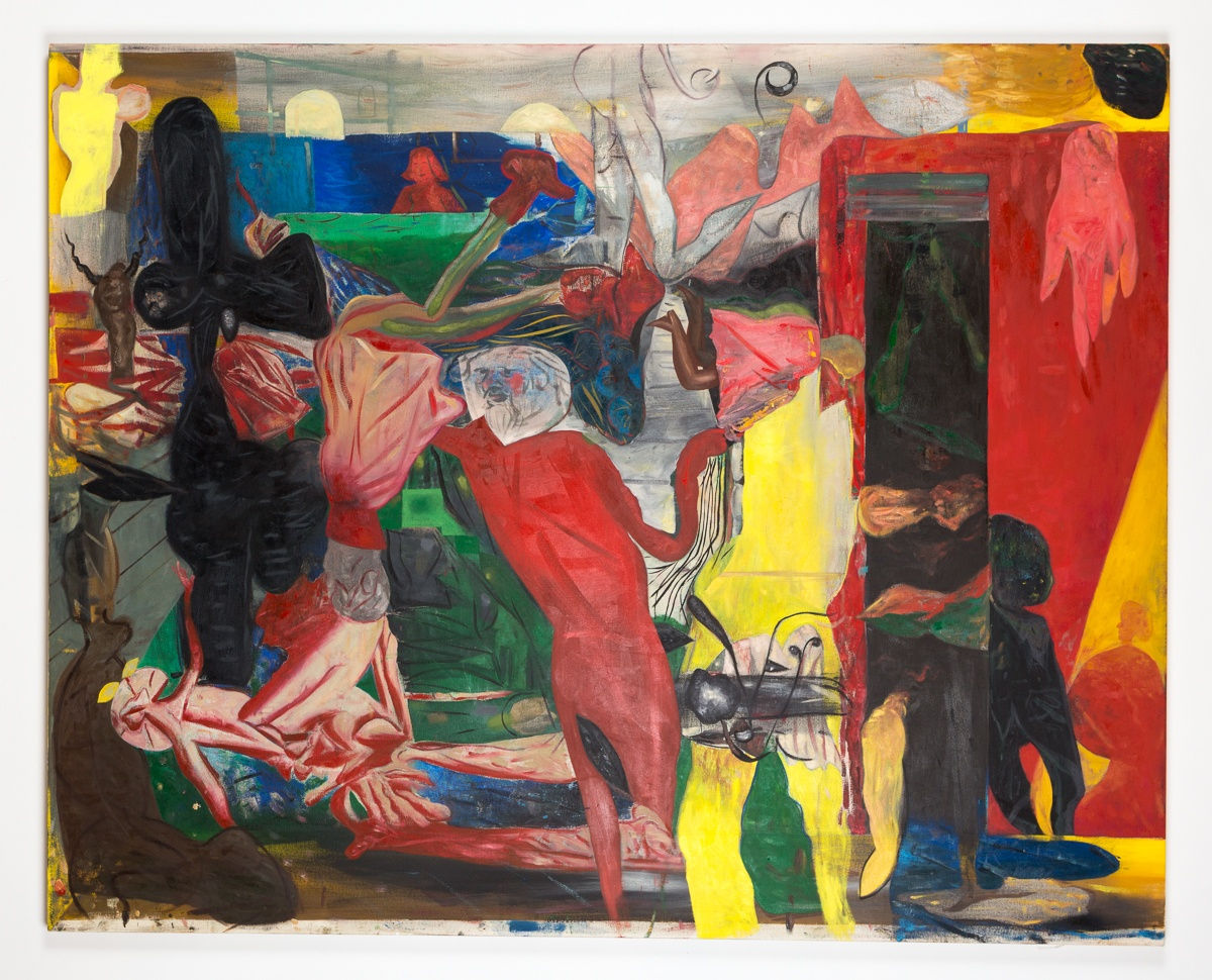 Scott Anderson, Tumblers (2017). Oil, oil crayon, and graphite on canvas, 60 x 75 inches. Courtesy of the artist.