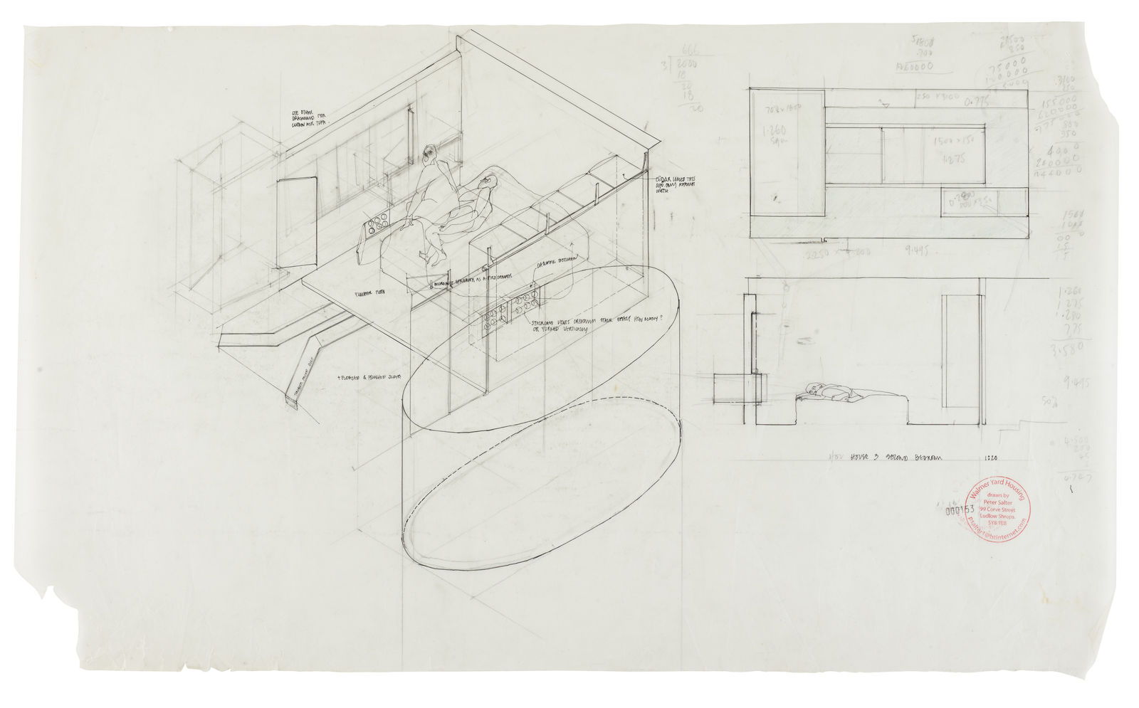 Axonometric & sectional elevation, House 3 Second Bedroom, 2007 Stamped and numbered 000153 ; titled 'House 3 Second Bedroom' and...