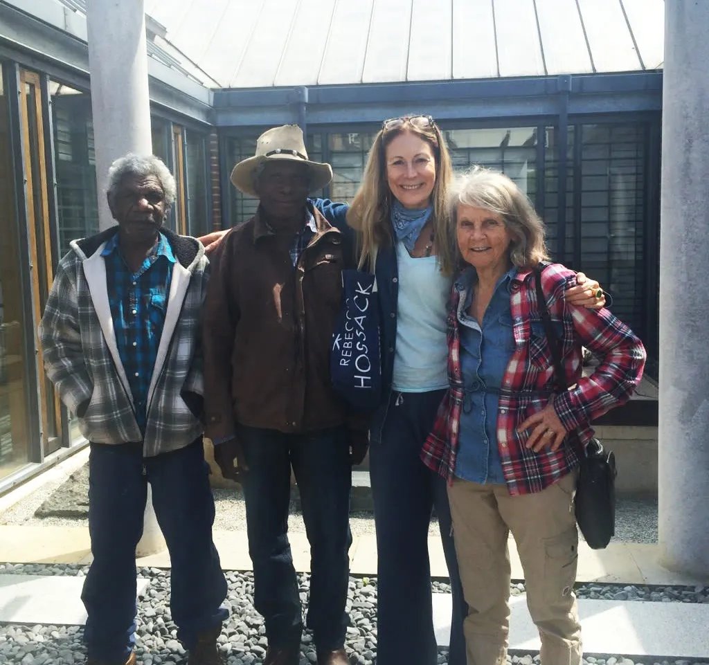 Rebecca Hossack with Pat Lowe, Mervyn Street and David Njuguna in London during Jumu: Artists of Fitzroy Crossing (2016)