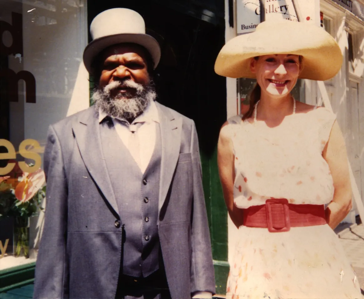 Rebecca Hossack and Aboriginal artist Clifford Possum on their way to meet the Queen in 1990