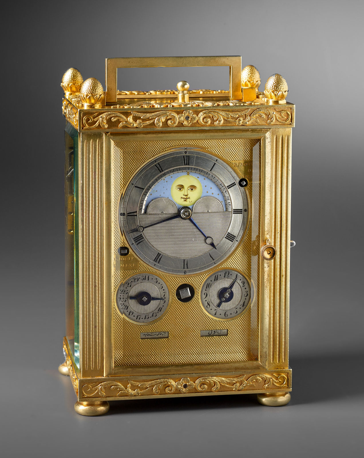 Charles Frédéric Klentschi , A carriage clock with grande and petite sonnerie, moon dial and calendar work by Charles Frédéric Klentschi , La-Chaux-de-Fonds, date circa 1830 - 40