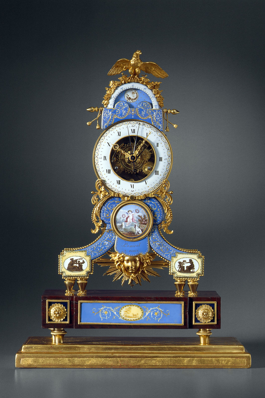 Joseph Coteau, A late Louis XVI astronomical skeleton clock y Lamiral, enamel by Joseph Coteau, Paris, date circa 1790