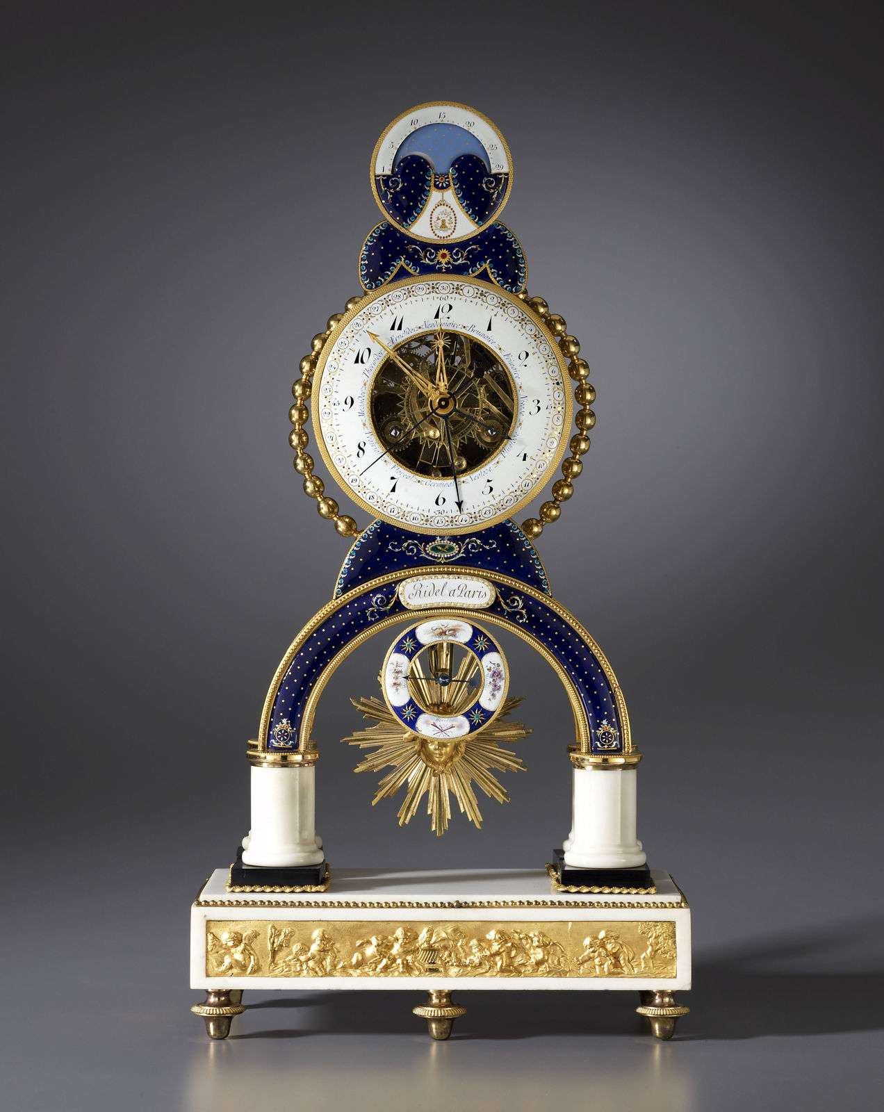Joseph Coteau, A Directoire skeleton clock, by Laurent Ridel, enamel work by Joseph Coteau, Paris, dated 1796