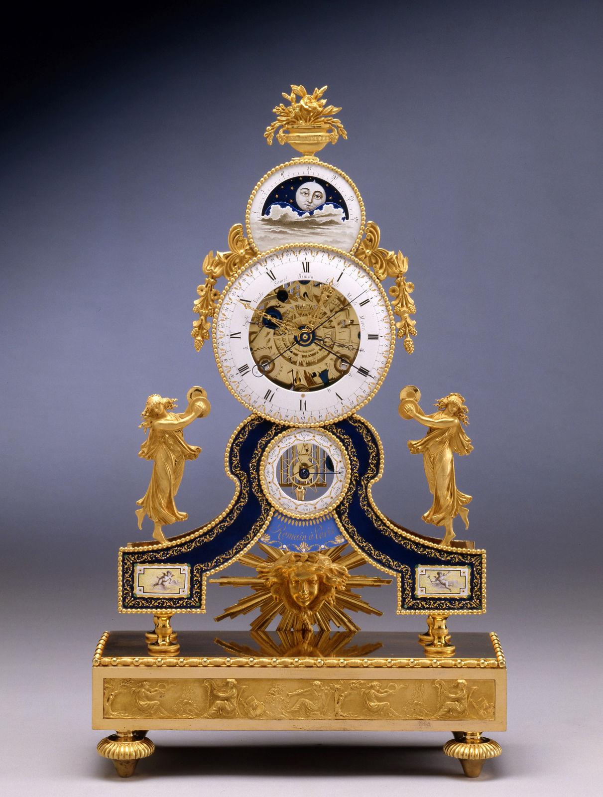 Dubuisson, A Directoire astronomical skeleton table regulator by Romain, enamel by Dubuisson, case attributed to Pierre-Philippe Thomire, Paris, date circa 1795