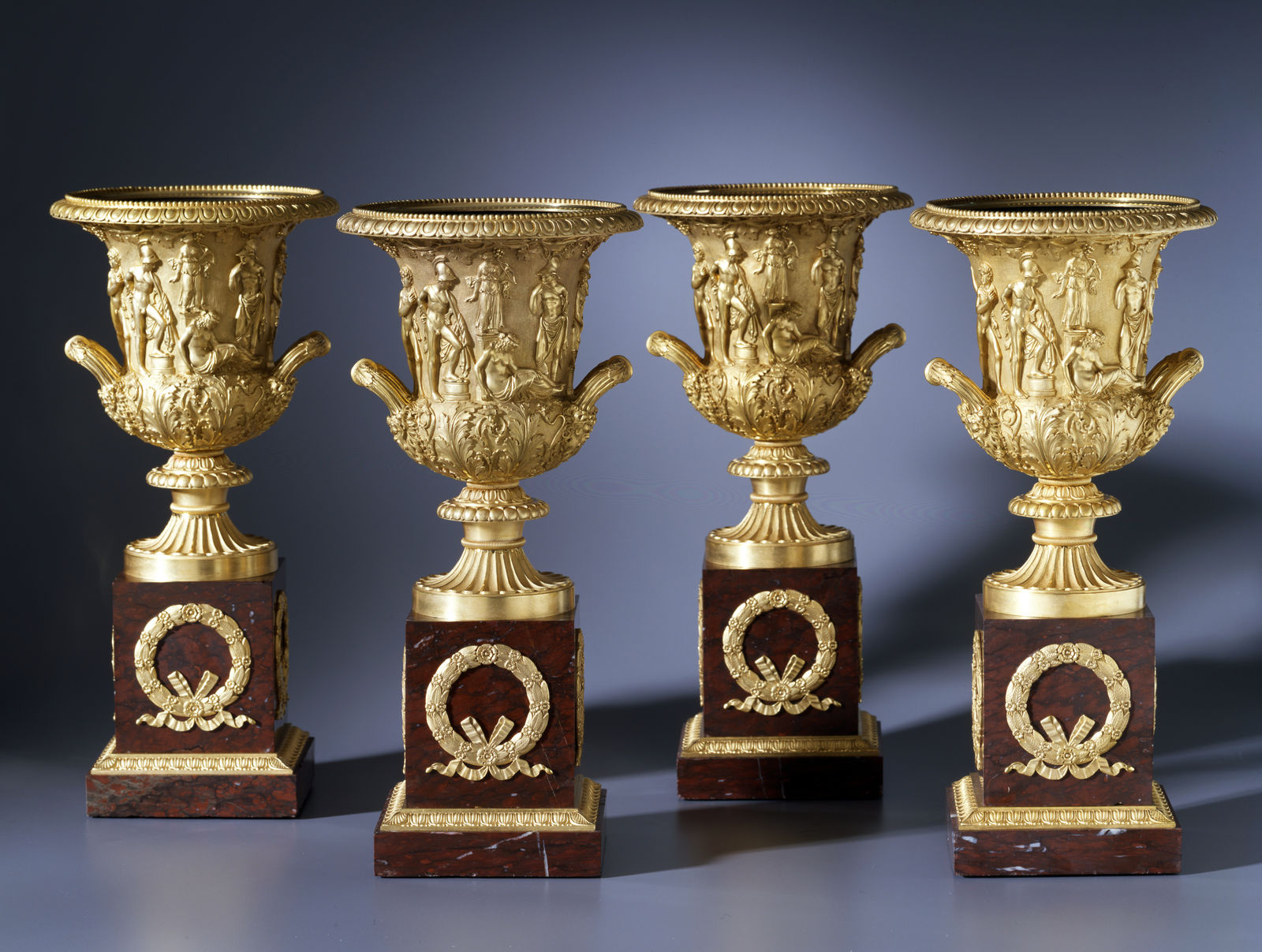 Pierre-Philippe Thomire (attributed to), A set of four Empire Medici Vases on pedestals attributed to Pierre-Philippe Thomire , Paris, date circa 1810