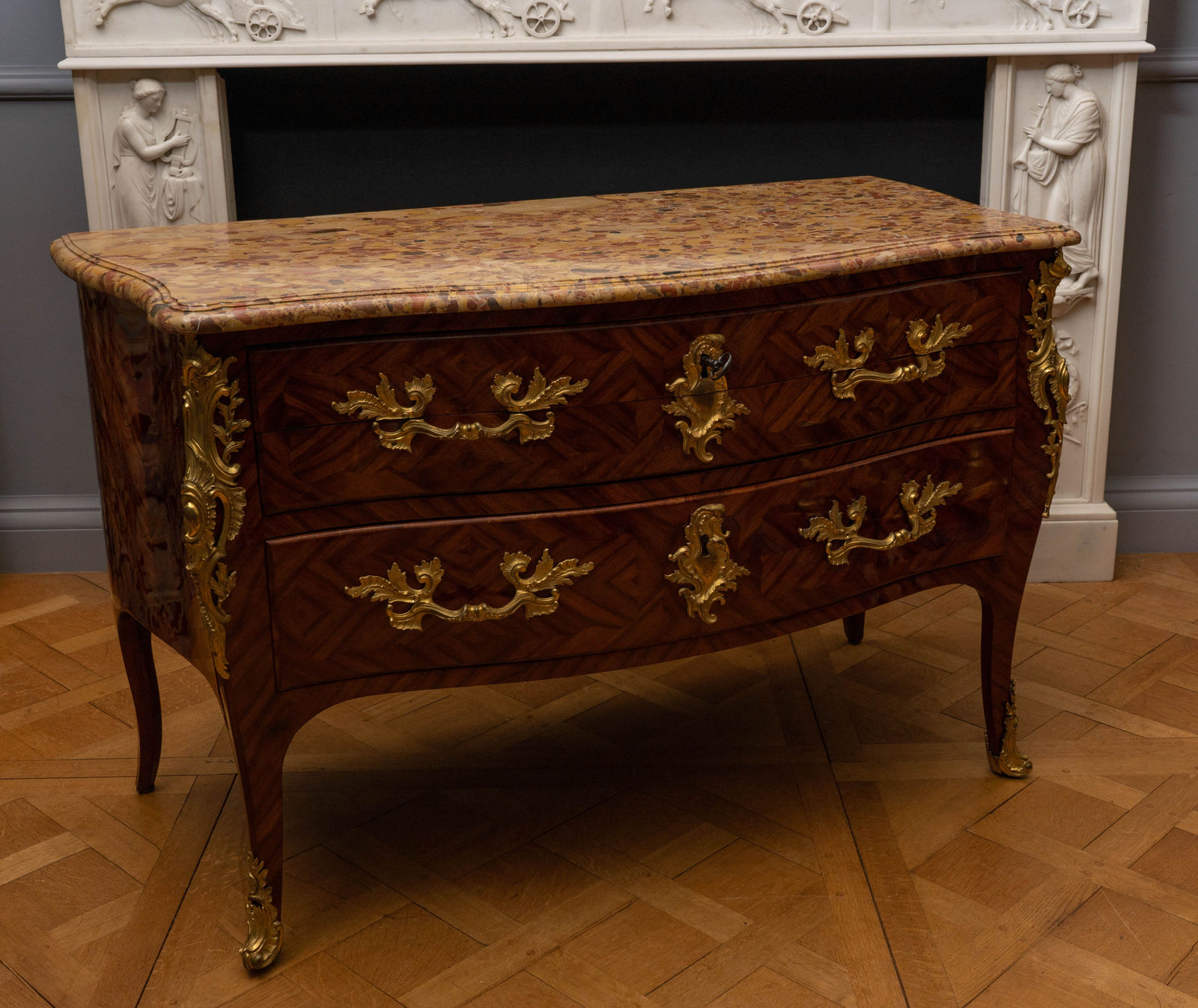 Pierre IV Migeon, A LOUIS XV GILT BRONZE MOUNTED BOIS DE SATINÉ COMMODE EN SECRÉTAIRE, Paris, date circa 1750-55