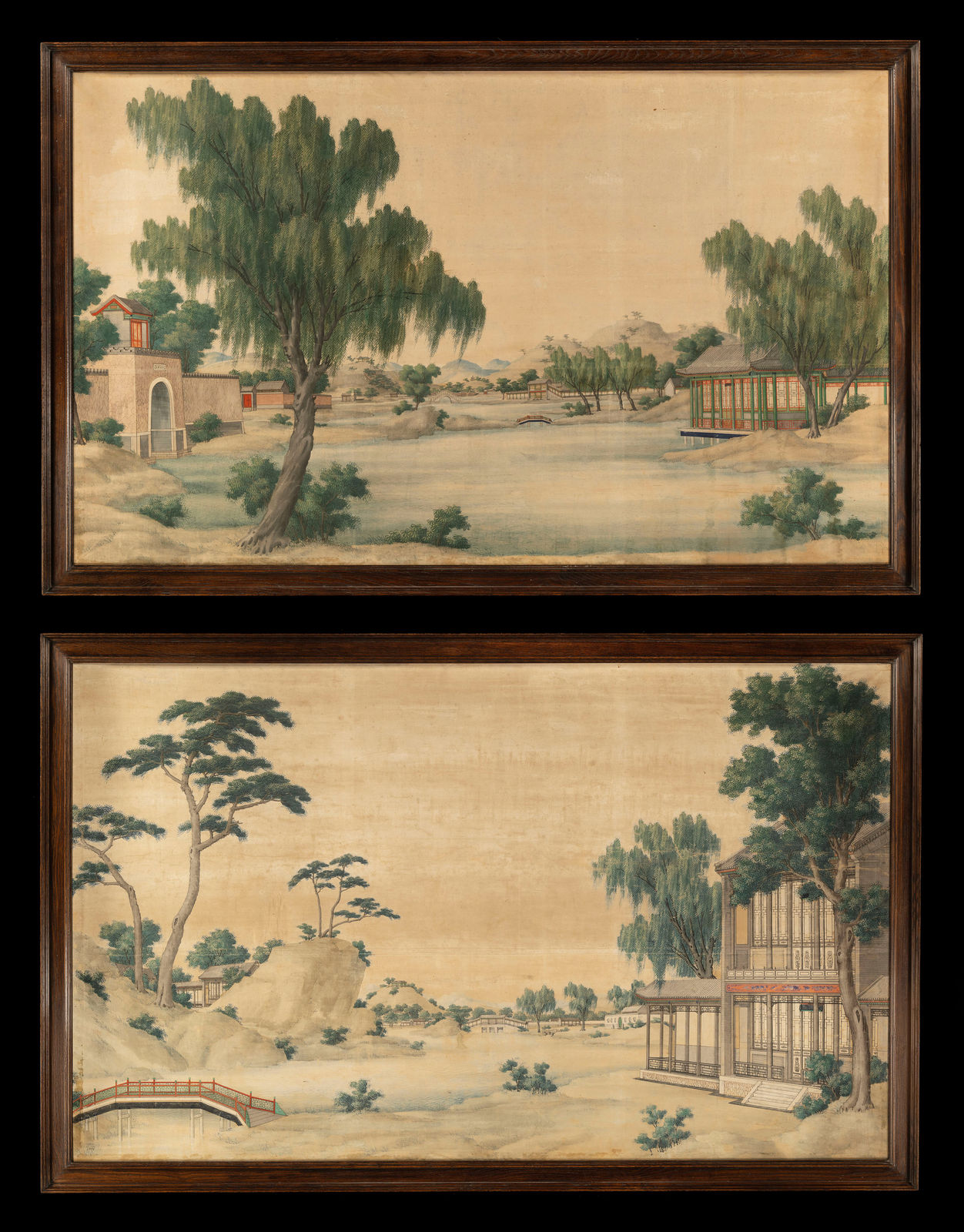 A PAIR OF GOUACHE ON SILK PAINTINGS OF LANDSCAPES, CHINA, CIRCA 1750 - 75
