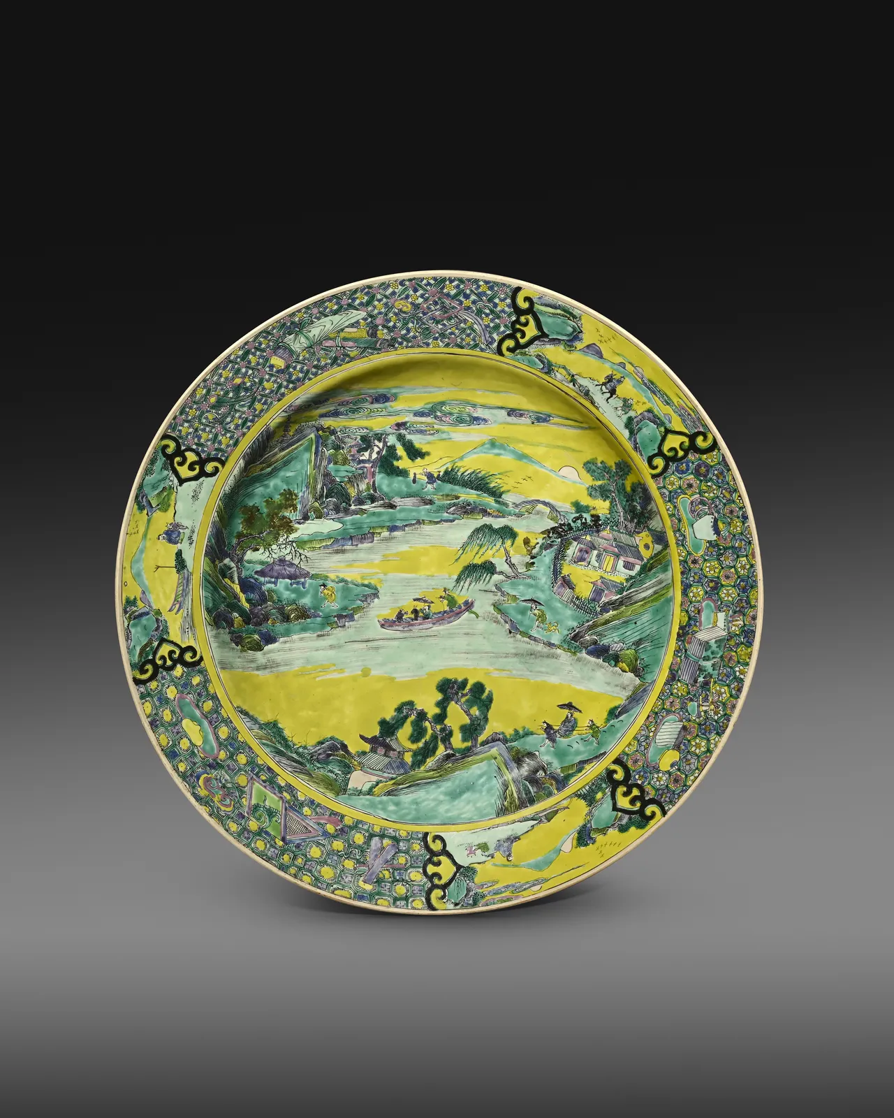 A very large and unusual Chinese export biscuit-glazed charger 清康熙晚期／雍正早期 五彩山水田園珐瑯大盤, China, late Kangxi / early Yongzheng period, Qing dynasty
