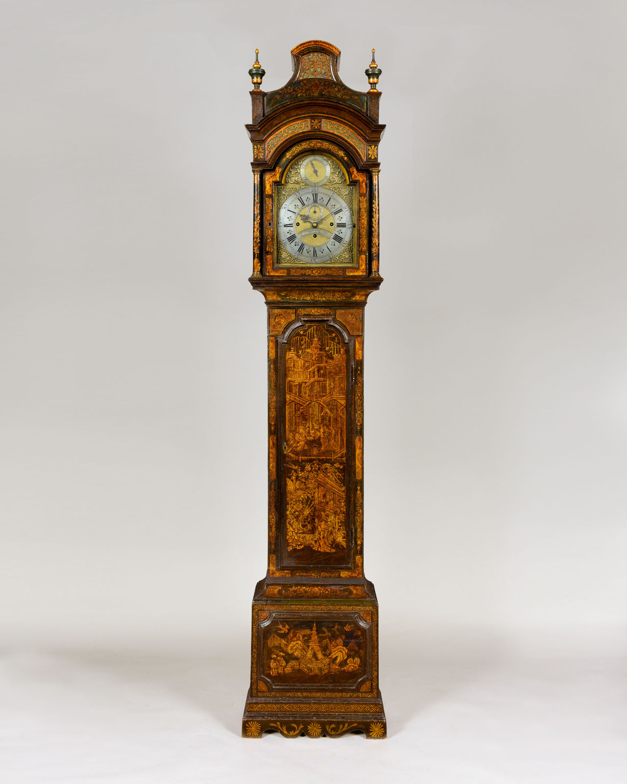 A GRAND WILLIAM WEBSTER GEORGE II GREEN AND GILT LACQUER LONGCASE CLOCK, English, circa 1750