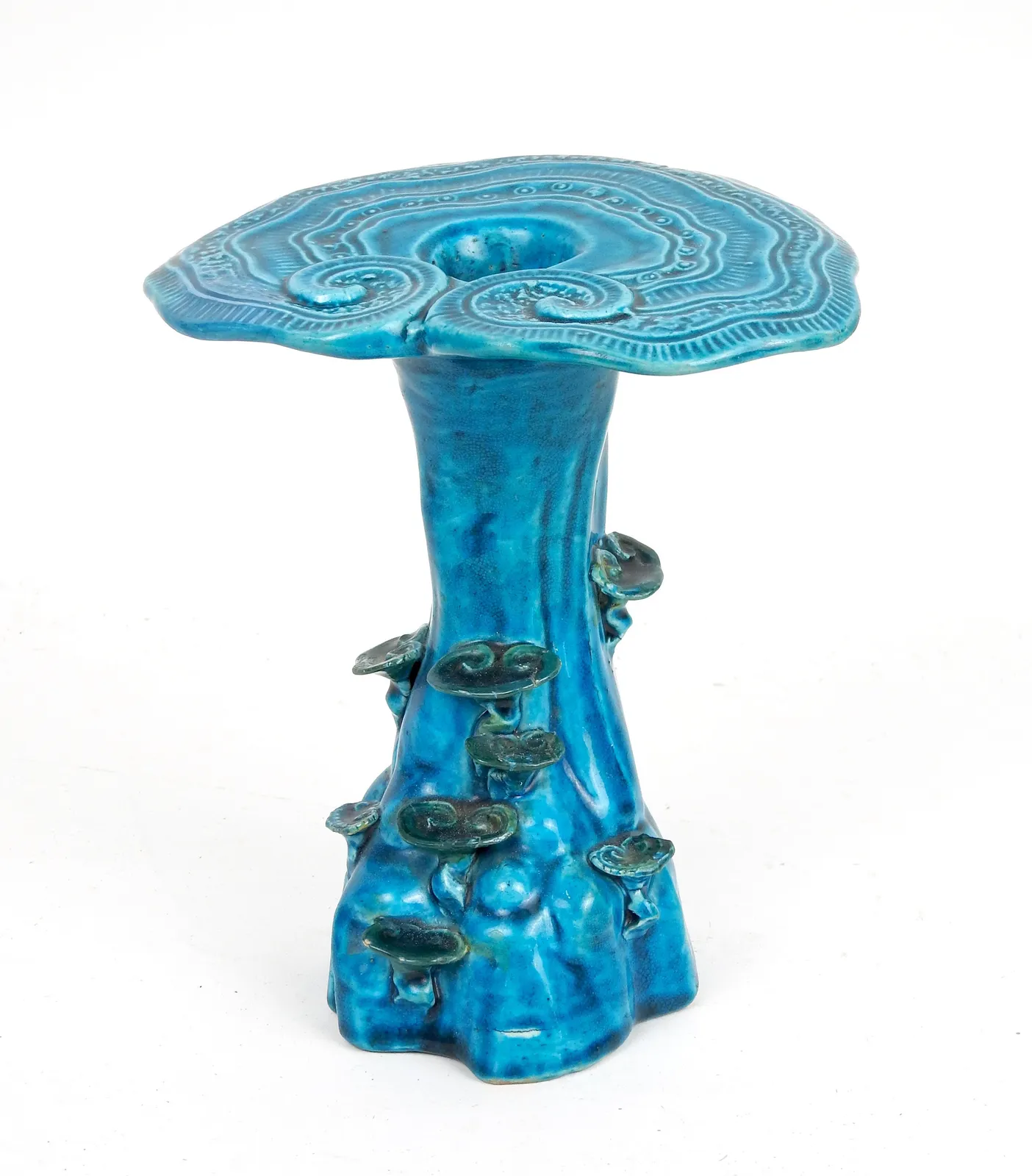 A turquoise porcelain Lingzhi form, ruyi head vase清 孔雀藍釉靈芝瓶, China, Kangxi period (1662-1722), Qing dynasty