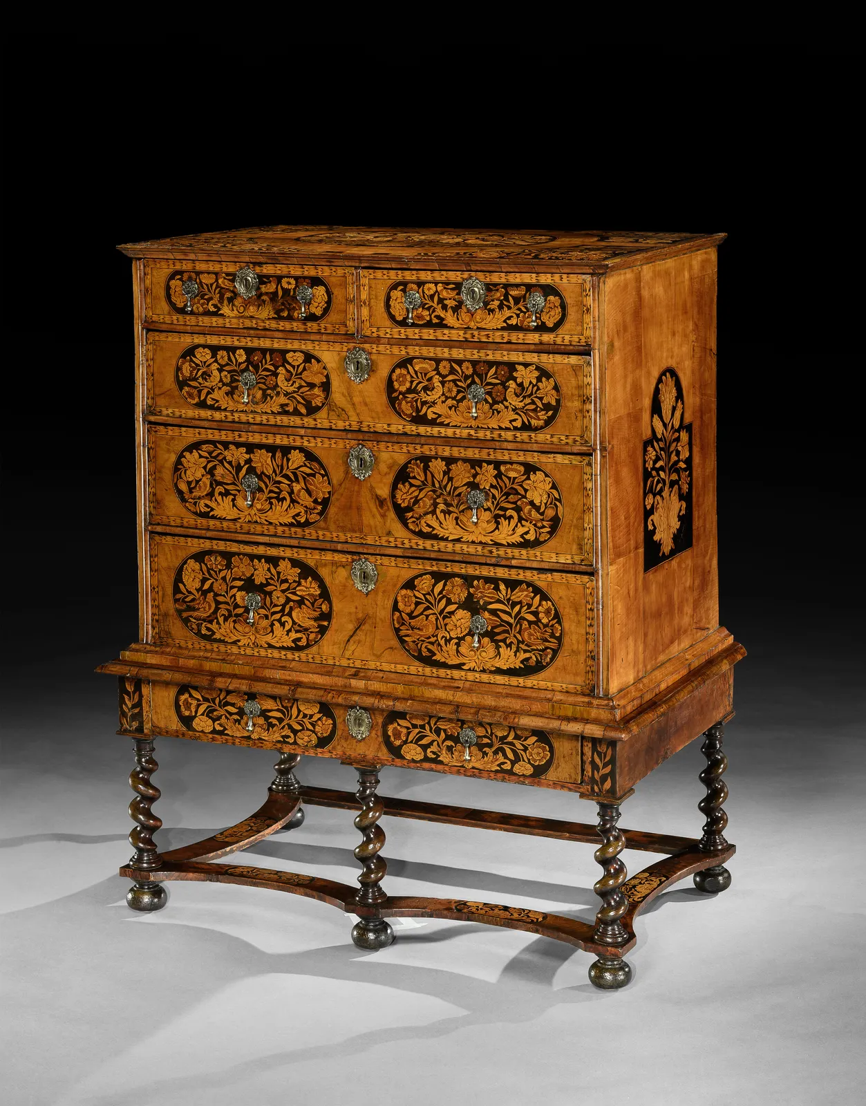 A WILLIAM & MARY MARQUETRY CHEST ON STAND, English, circa 1690