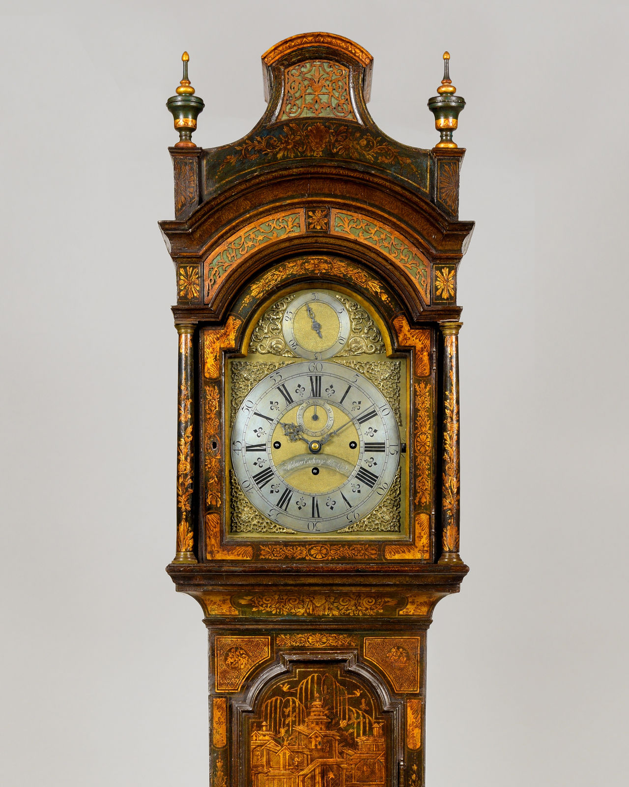 A GRAND WILLIAM WEBSTER GEORGE II GREEN AND GILT LACQUER LONGCASE CLOCK, English, circa 1750
