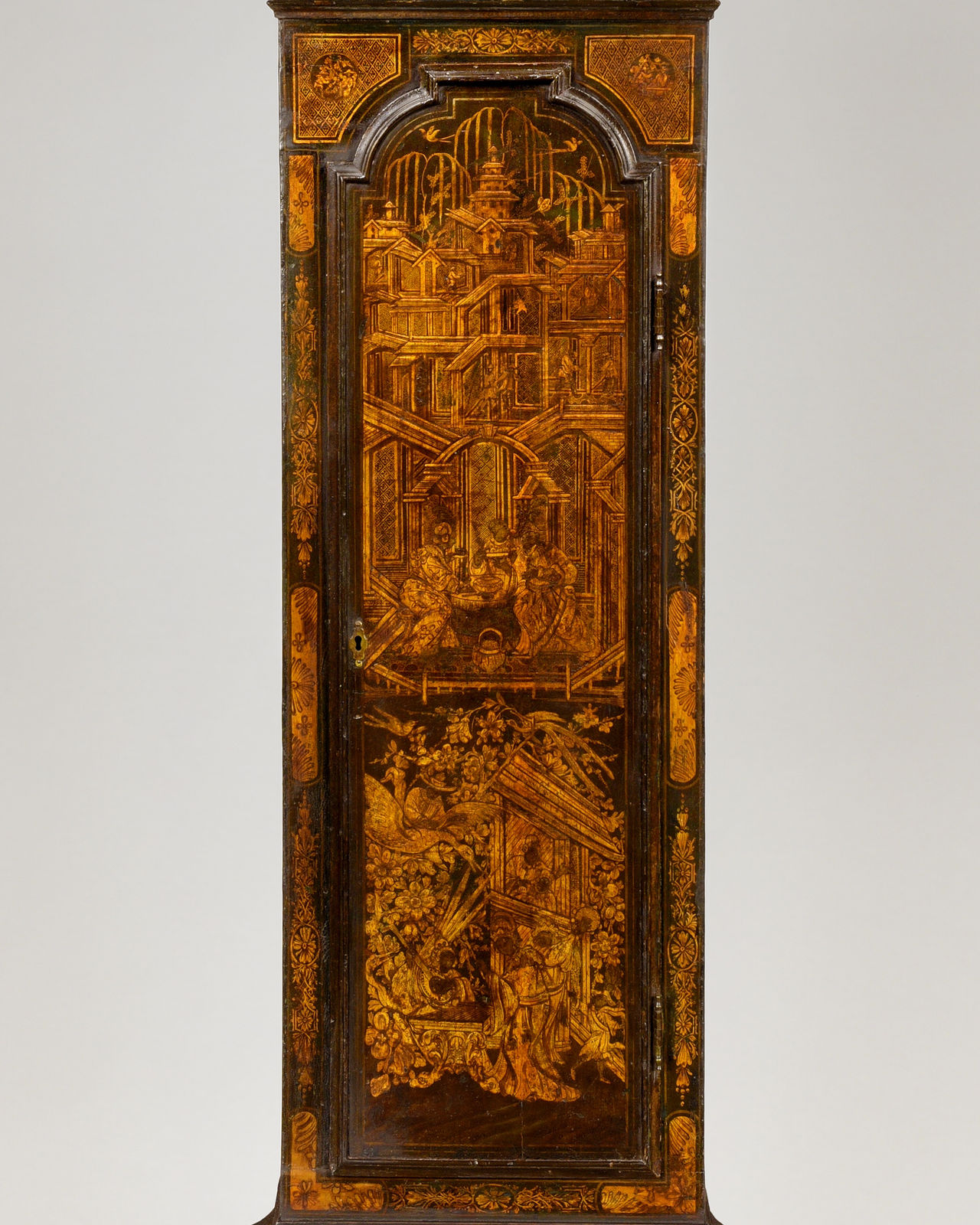 A GRAND WILLIAM WEBSTER GEORGE II GREEN AND GILT LACQUER LONGCASE CLOCK, English, circa 1750