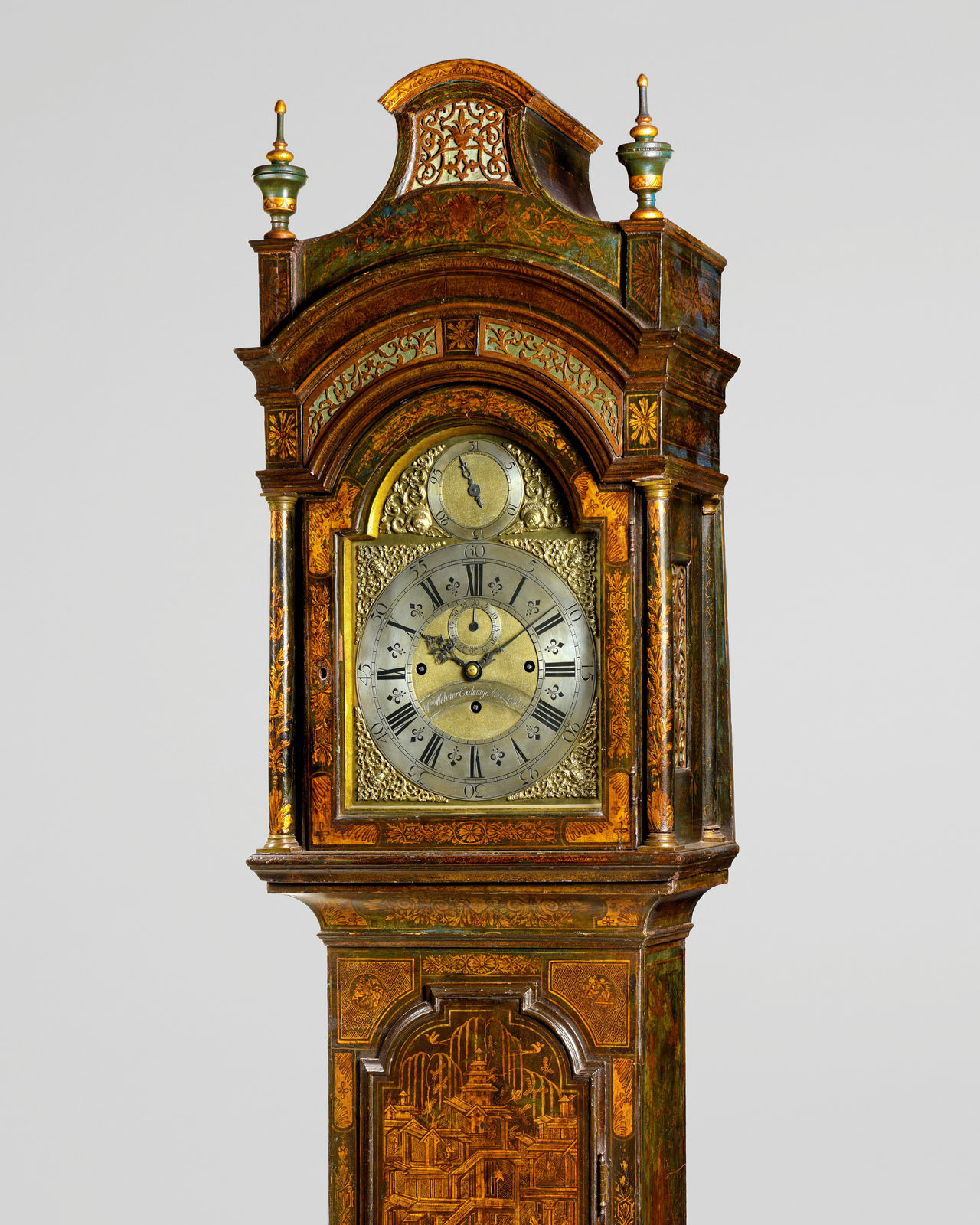 A GRAND WILLIAM WEBSTER GEORGE II GREEN AND GILT LACQUER LONGCASE CLOCK, English, circa 1750