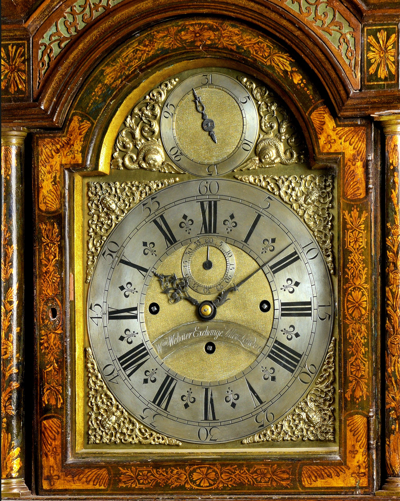 A GRAND WILLIAM WEBSTER GEORGE II GREEN AND GILT LACQUER LONGCASE CLOCK, English, circa 1750