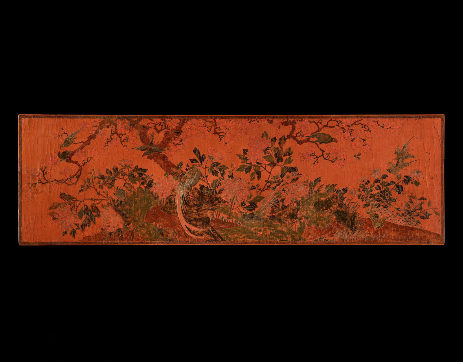 A RED LACQUER AND POLYCHROME DECORATED RECESSED LEG TABLE , CHINA, MING DYNASTY, C. 1600 - 50