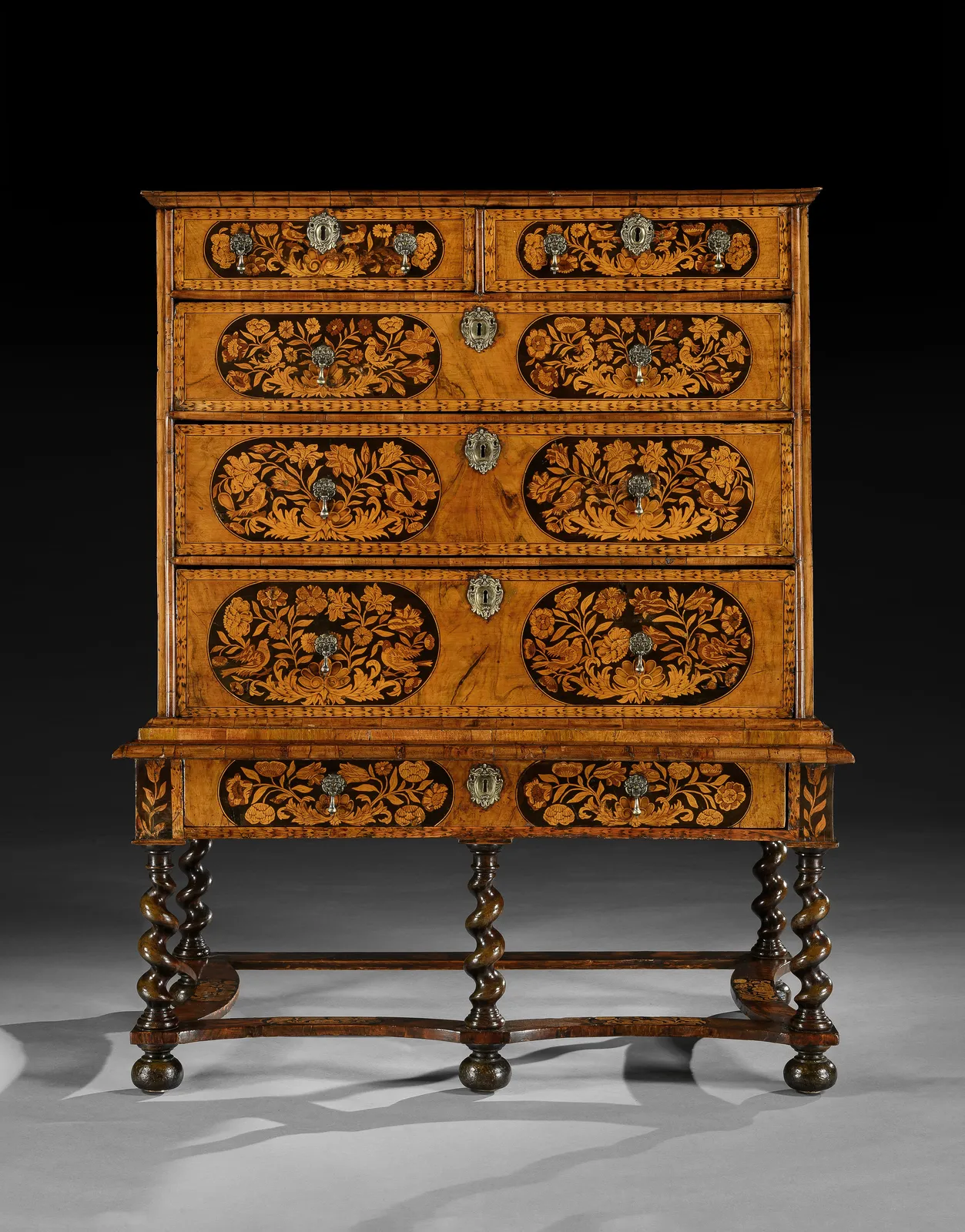 A WILLIAM & MARY MARQUETRY CHEST ON STAND, English, circa 1690