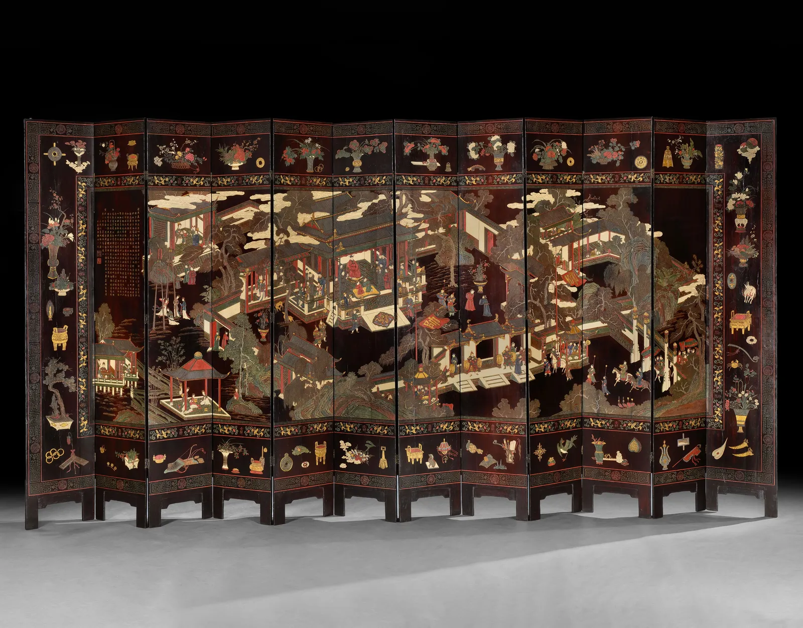 A Magnificent Twelve-Panel Coromandel Lacquer Screen Depicting Guo Ziyi, Kangxi Period, dated 1722