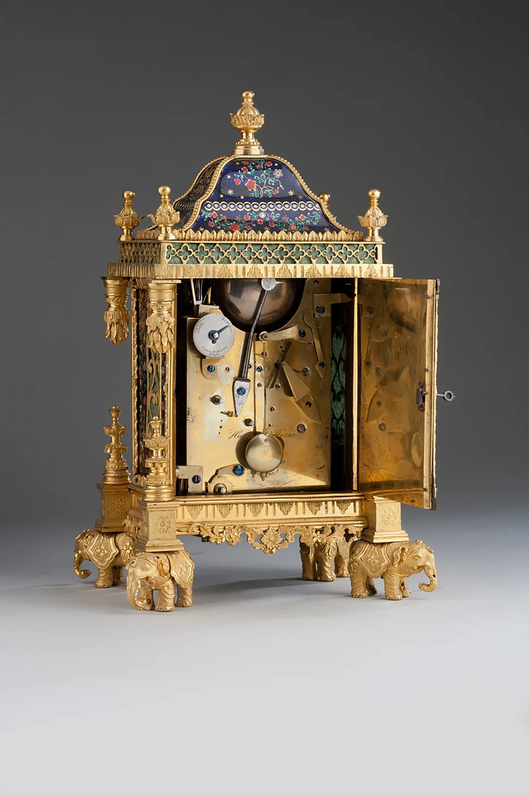 Howlett & Horne, London: Miniature Ormolu and Enamel Musical Table Clock, English/Chinese circa 1780