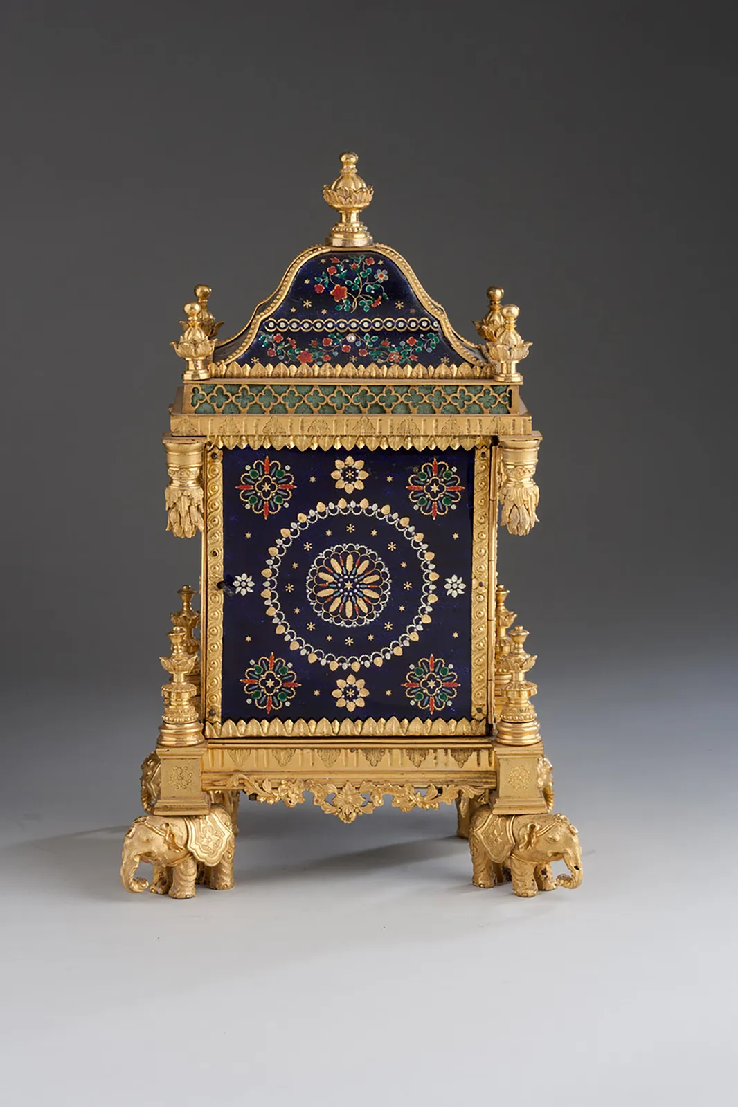 Howlett & Horne, London: Miniature Ormolu and Enamel Musical Table Clock, English/Chinese circa 1780