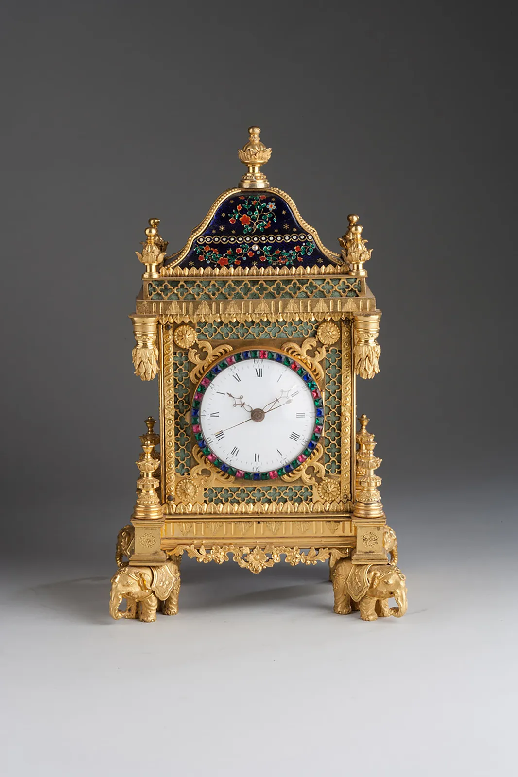 Howlett & Horne, London: Miniature Ormolu and Enamel Musical Table Clock, English/Chinese circa 1780
