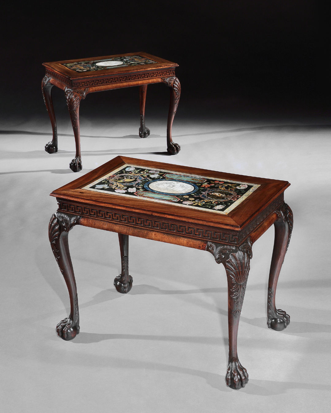 A PAIR OF GEORGE II MAHOGANY SIDE TABLES, The table bases: English, circa 1740  The scagliola inserts: Italian, circa 1735