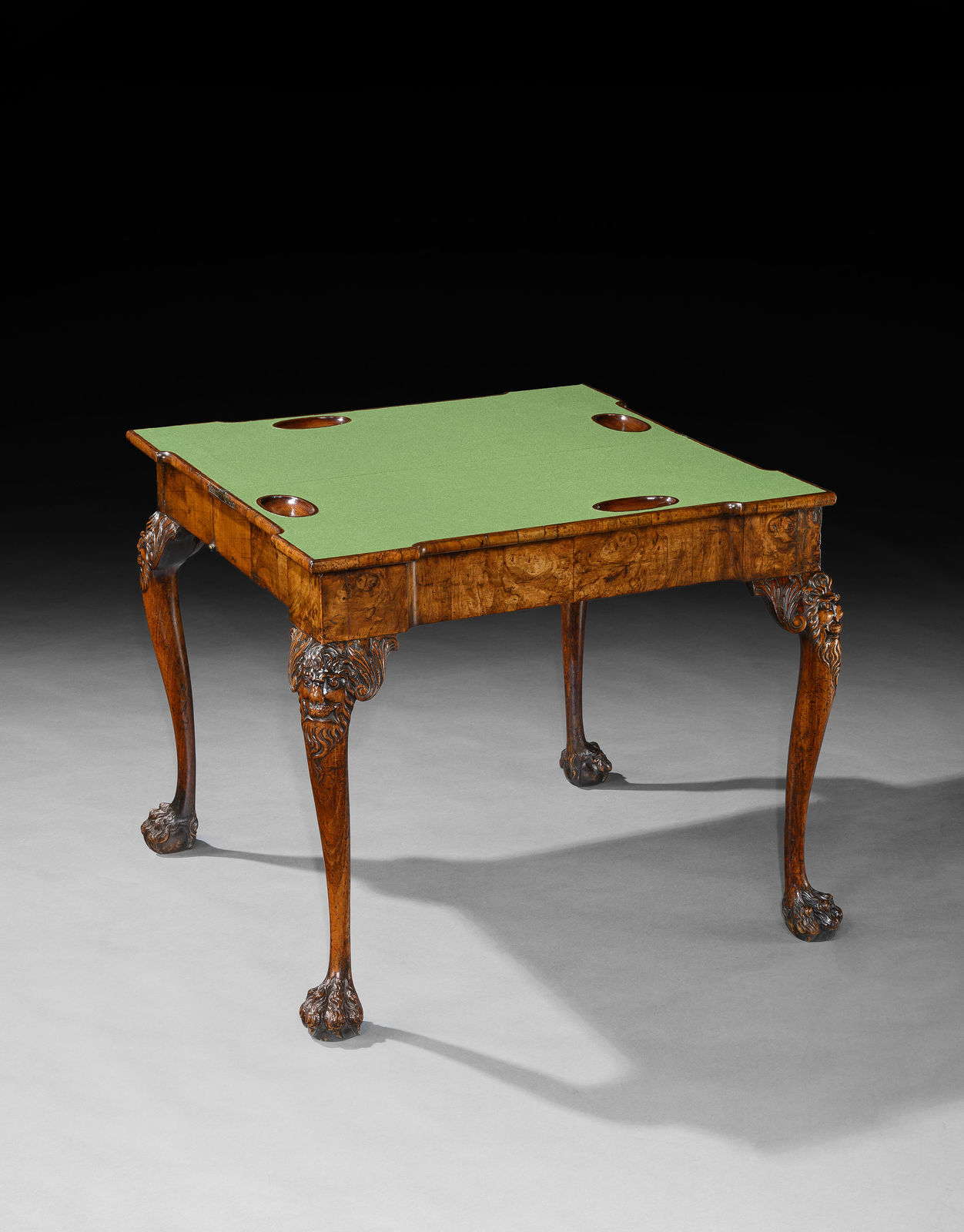 A GEORGE II FIGURED WALNUT CARD TABLE , English, circa 1735