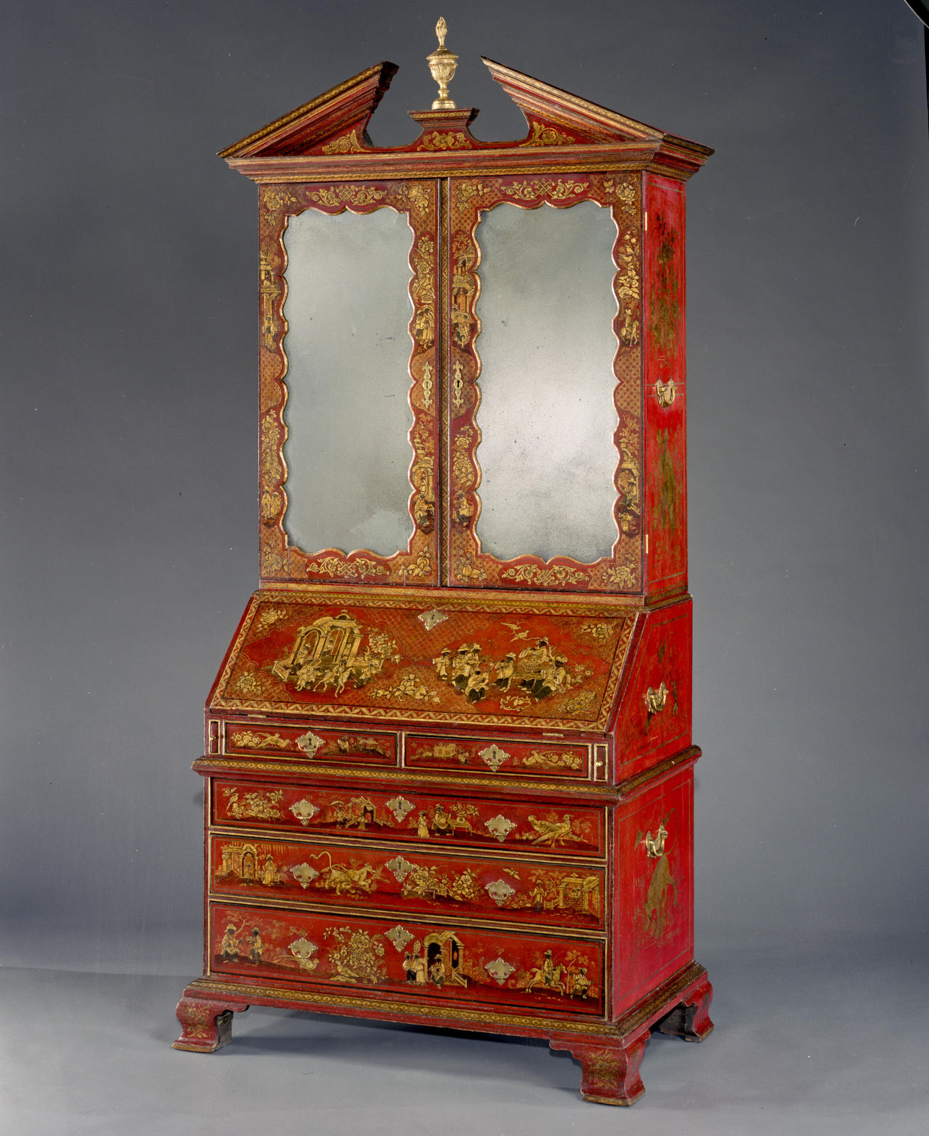 A PAIR OF GEORGE I SCARLET JAPANNED BUREAU BOOKCASES , English, circa 1720