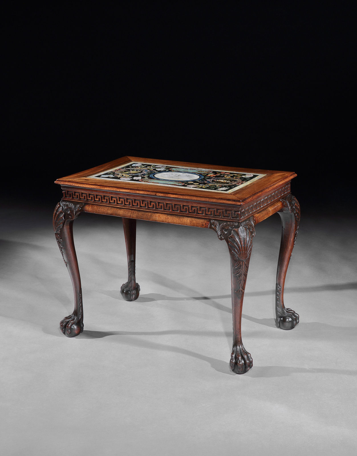 A PAIR OF GEORGE II MAHOGANY SIDE TABLES, The table bases: English, circa 1740  The scagliola inserts: Italian, circa 1735