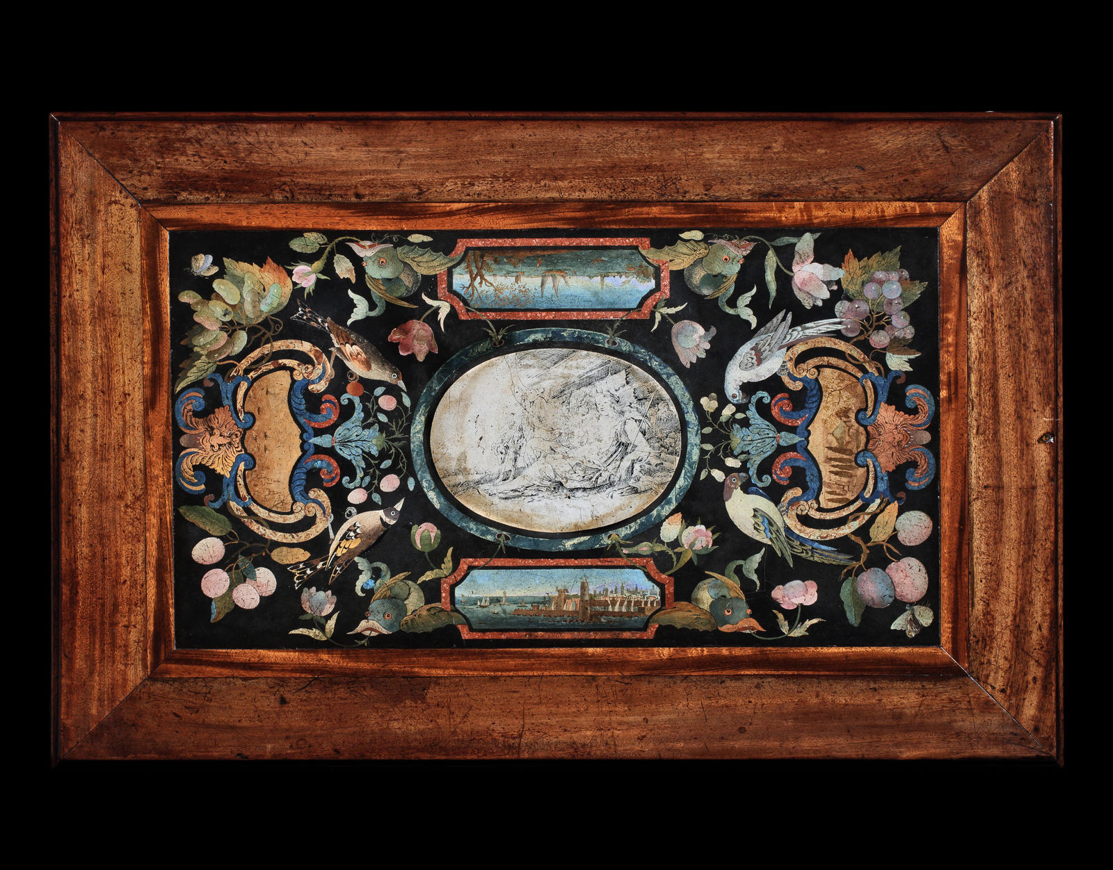 A PAIR OF GEORGE II MAHOGANY SIDE TABLES, The table bases: English, circa 1740  The scagliola inserts: Italian, circa 1735