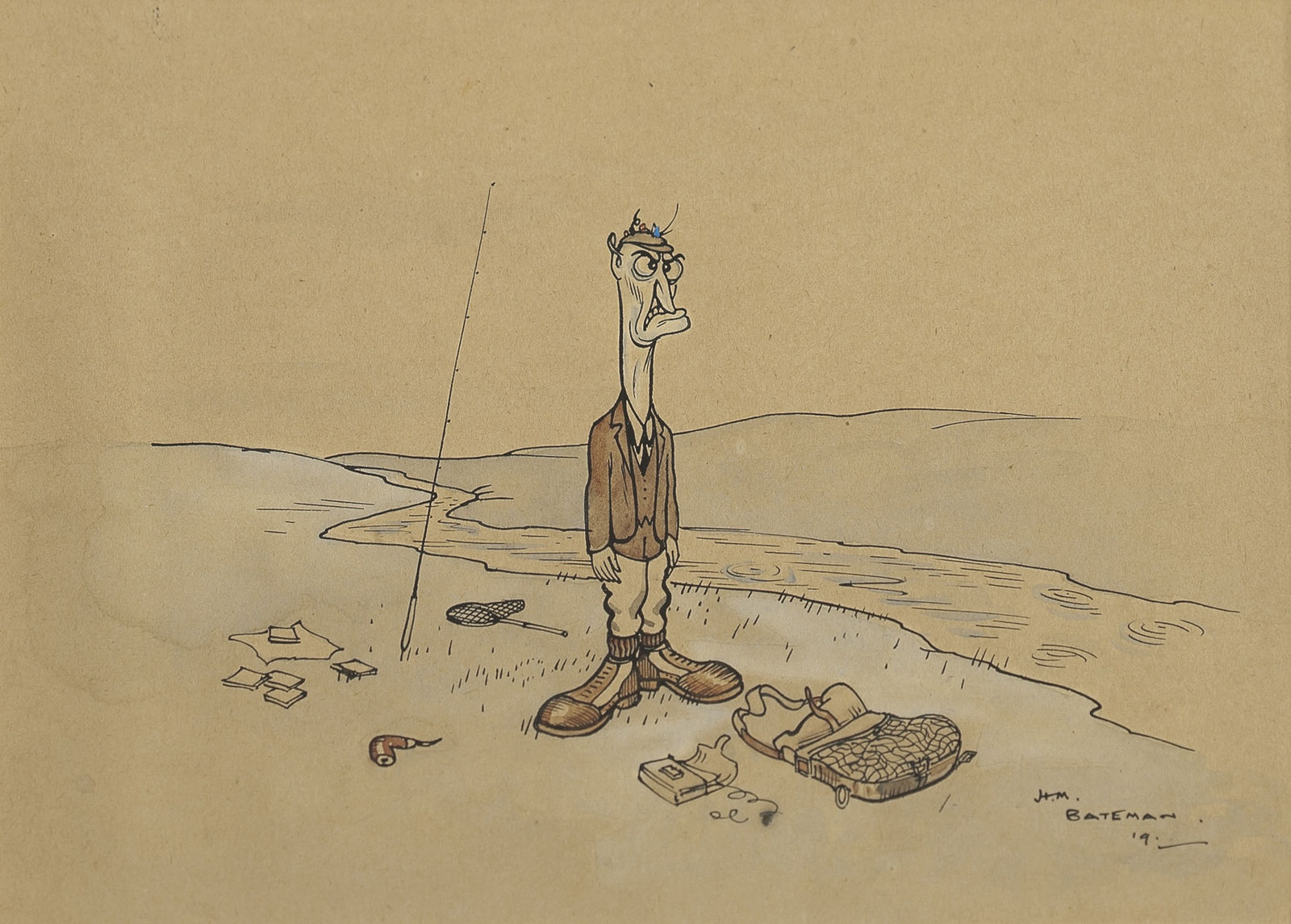 Henry Mayo Bateman, 'When he gets there he finds that he has been so eager to be off that he has forgotten his reel!'