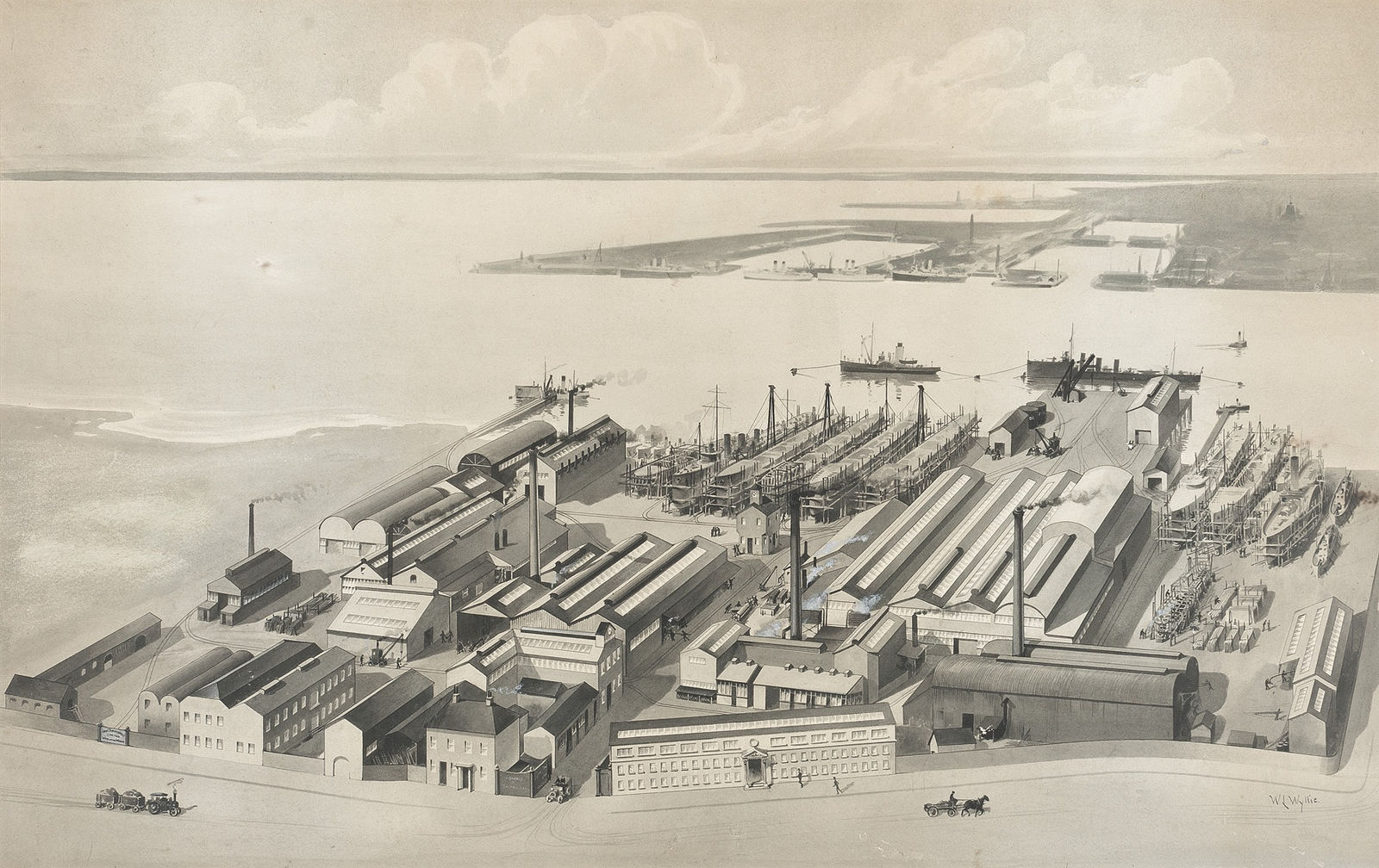 William Lionel Wyllie, RA, Persepective of Thornycroft’s Shipyard on the River Itchen