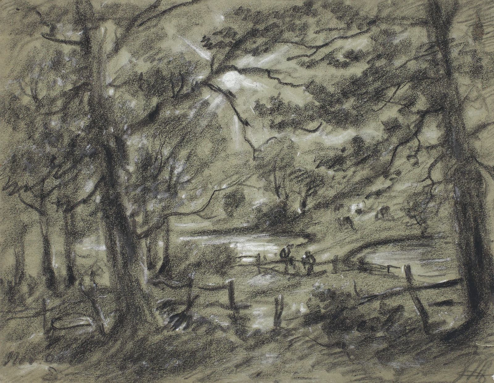 George James Rowe, Moonlight through the trees with two figures on a fence and horses grazing