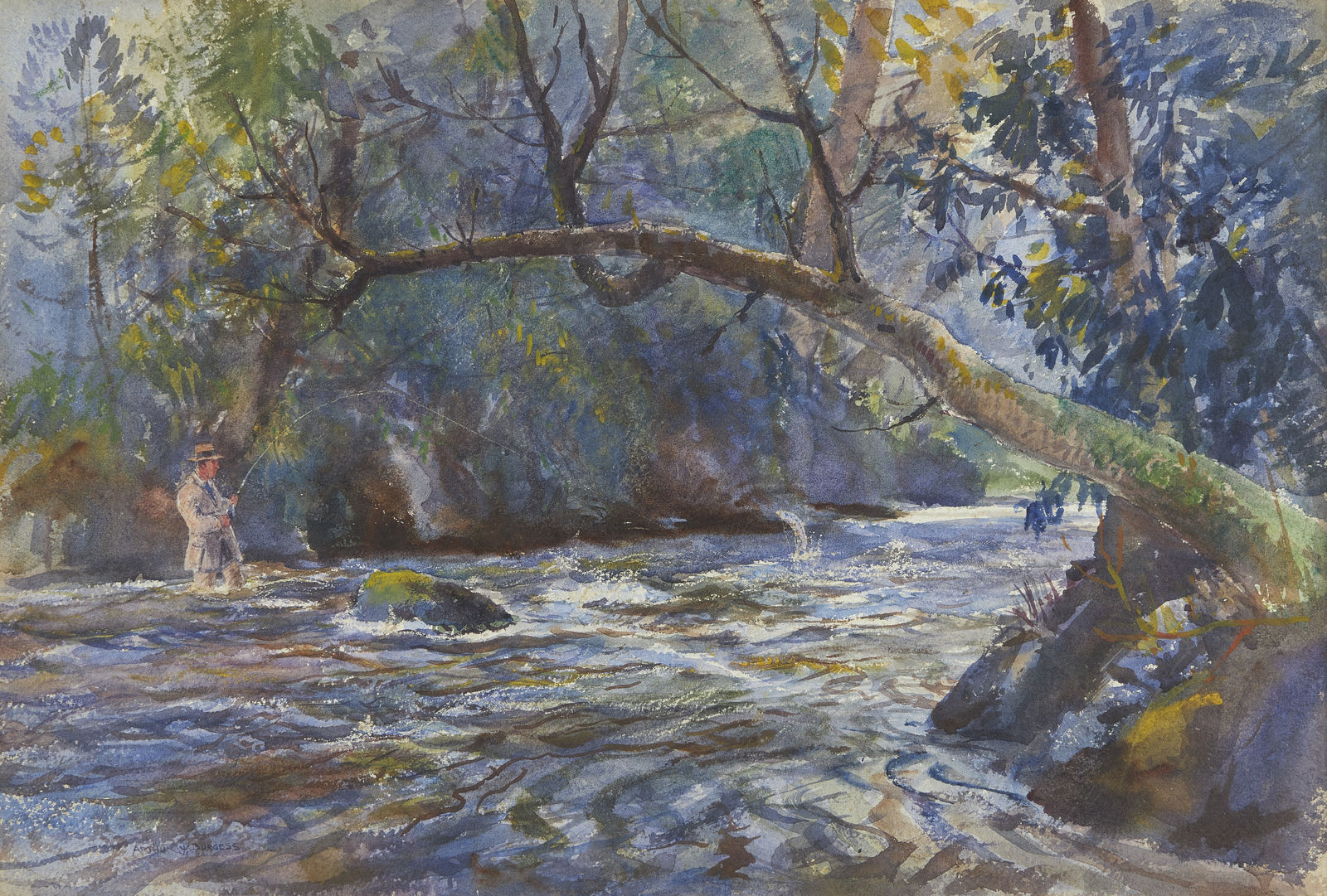 Arthur James Wetherall Burgess, RI, ROI, RBC, RSMA, Salmon fishing