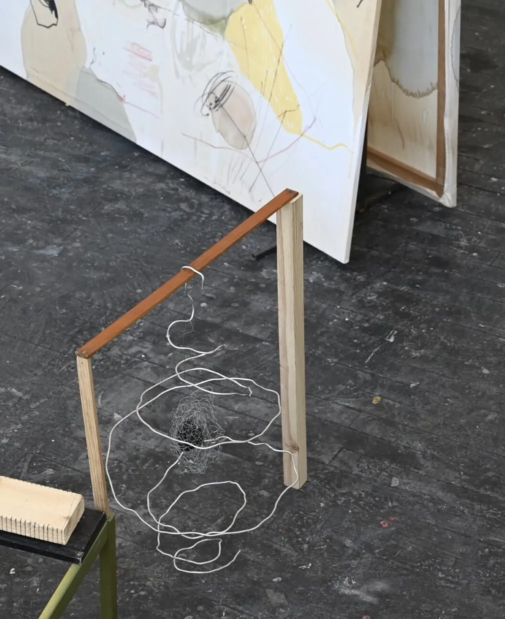 Freya Glass, Installation view, found materials assembled in-situ - dye, coffee, pastel on cotton