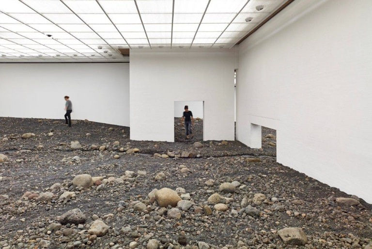 image of Olafur Eliasson installation, riverbed inside of museum