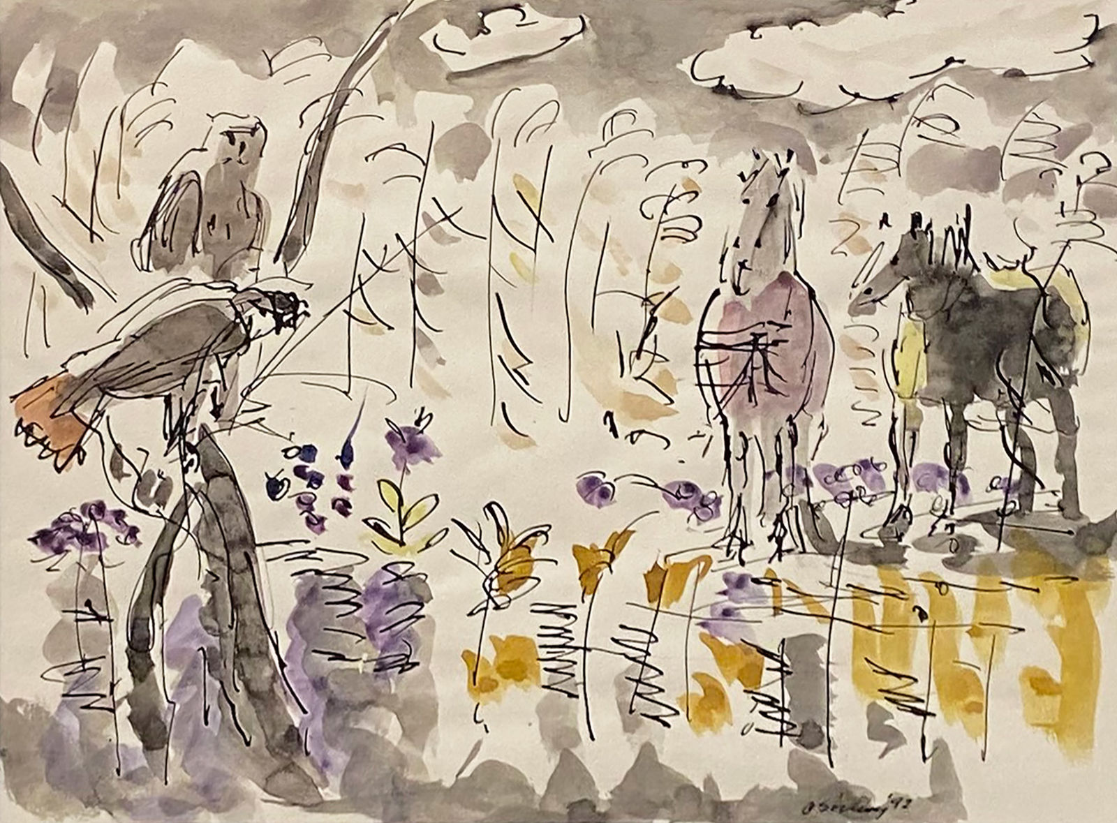 Joseph O'Sickey, Horses and Red Tail Hawk in Cornfield, 1992