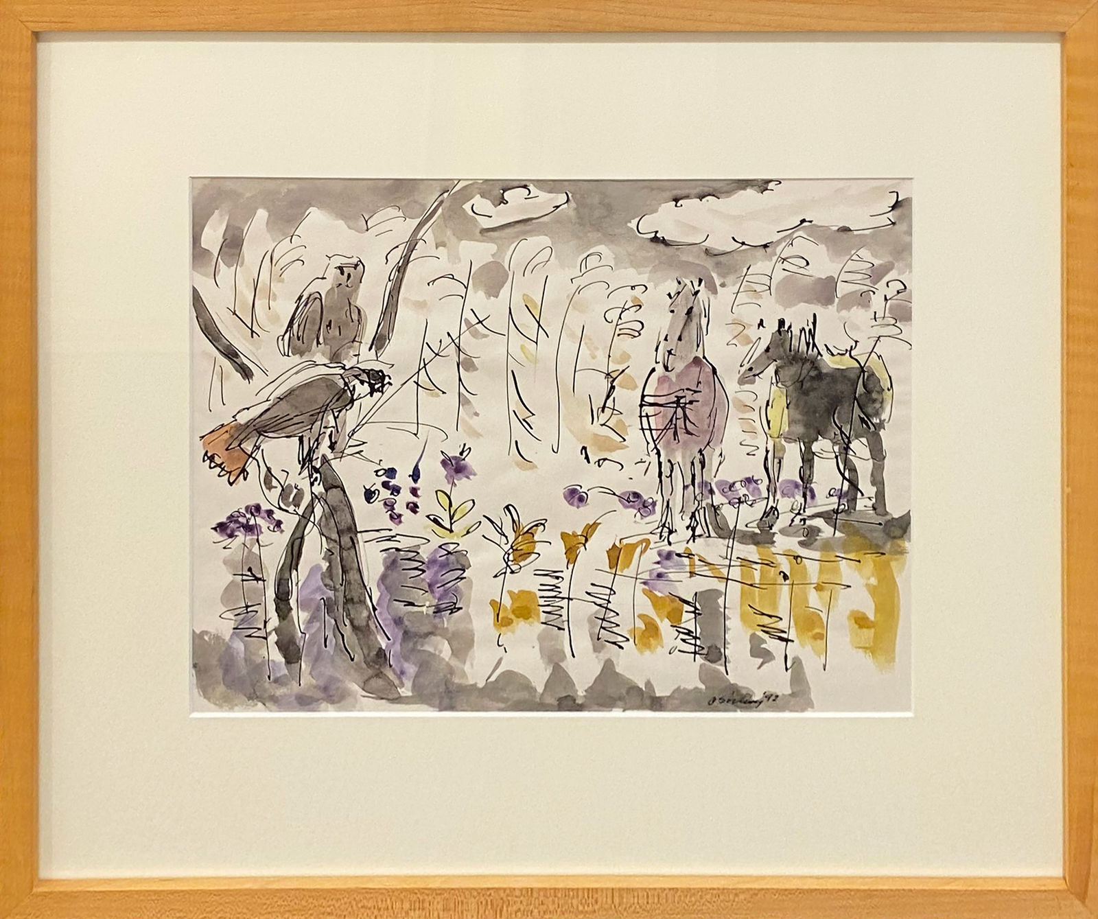 Joseph O'Sickey, Horses and Red Tail Hawk in Cornfield, 1992